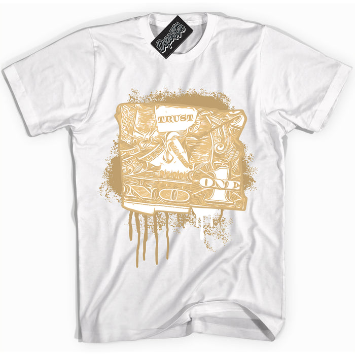 Jordan MVP White Metallic Gold ‘Trust No One Dollar’ – White Streetwear T-Shirt | Sneaker Matching shirt for Jordan MVP White Metallic Gold | Men's and Women's Streetwear Graphic Tee by Sneaker Shirts Outlet.
