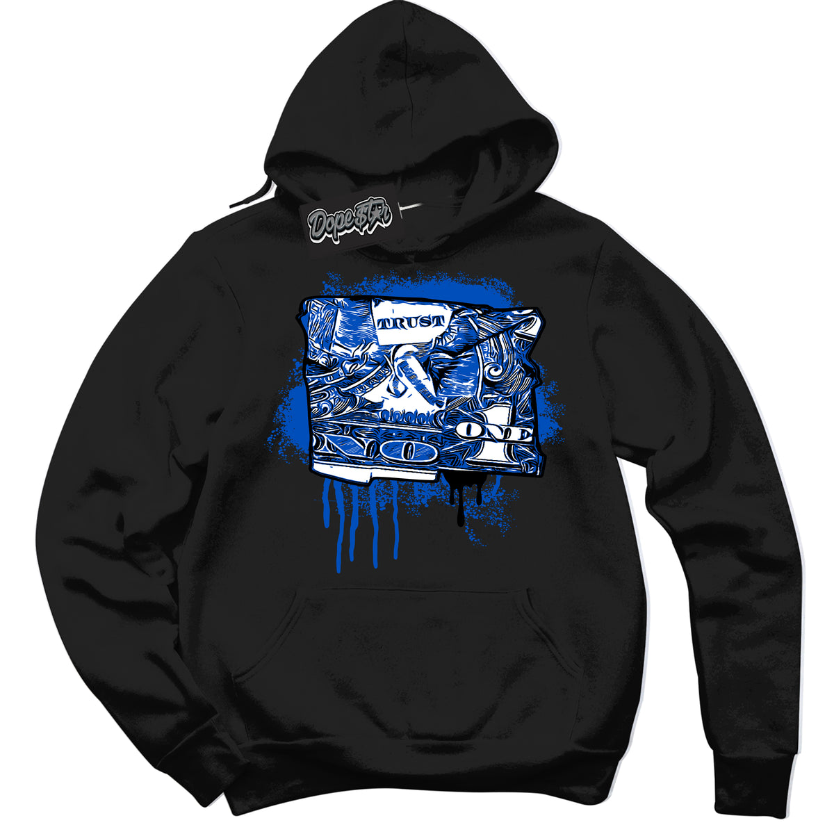 Dunk Low Astronomy Blue 'Trust No One Dollar' Hoodie – Black Streetwear Sweatshirt | Sneaker Matching Hoodie for Dunk Low Astronomy Blue | Men's & Women's Streetwear Outfit by Sneaker Shirts Outlet.
