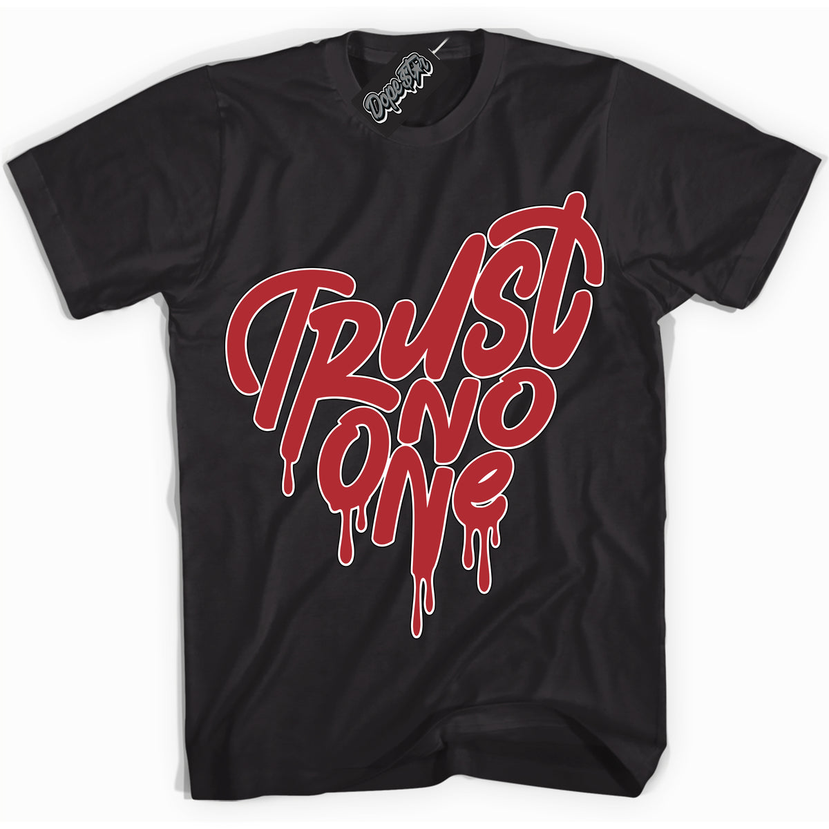 Cool Black graphic tee with “ Trust No One Heart ” print, that perfectly matches Lost And Found 1s sneakers 