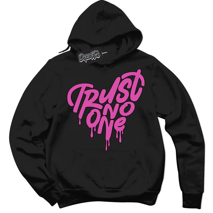Black Hoodie with playful pink and black "Trust No One Heart" graphic, made to match Air Max 1 Valentine's Day sneakers | Sneaker Shirts Outlet

