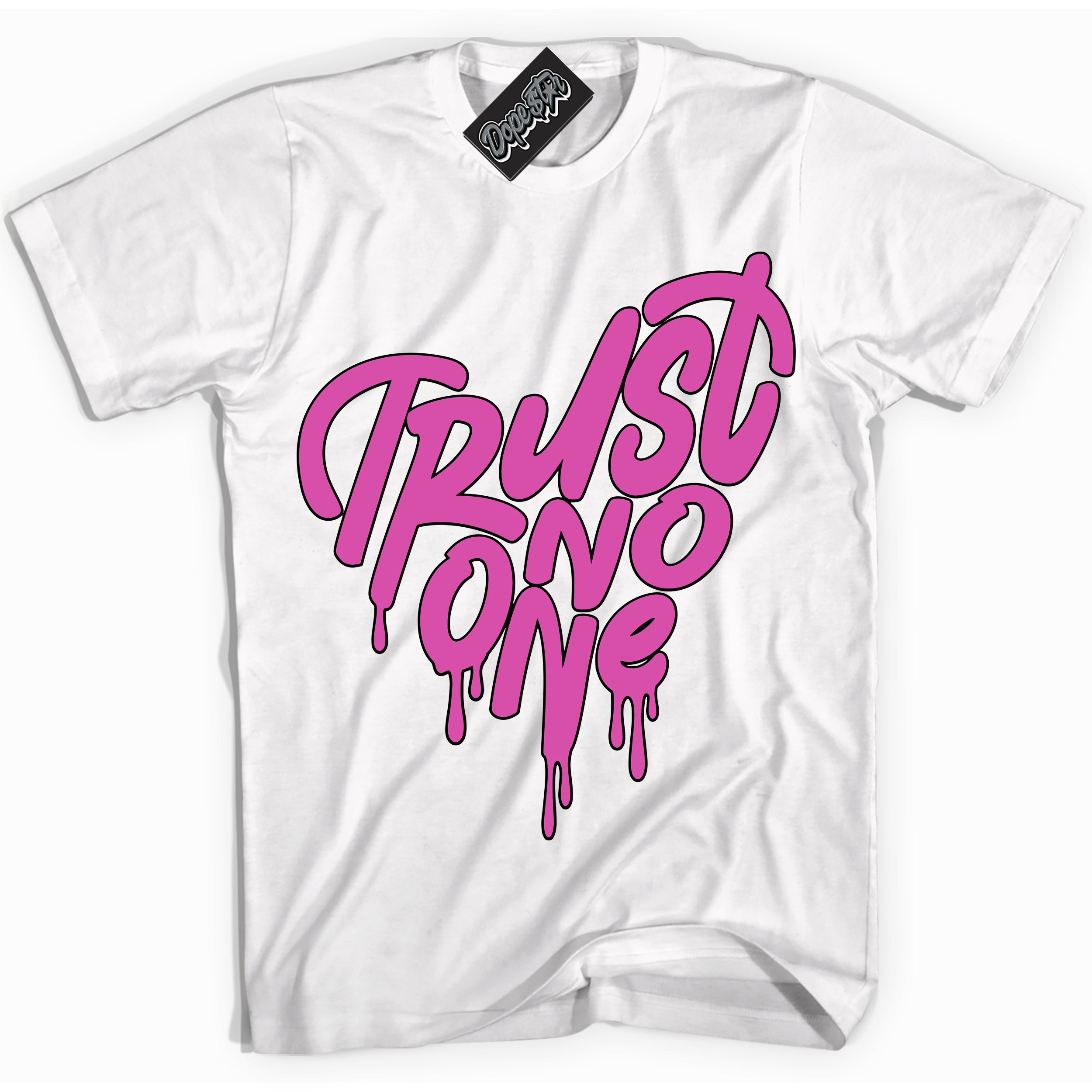 White T-shirt with playful pink and black "Trust No One Heart" graphic, made to match Air Max 1 Valentine's Day sneakers | Sneaker Shirts Outlet