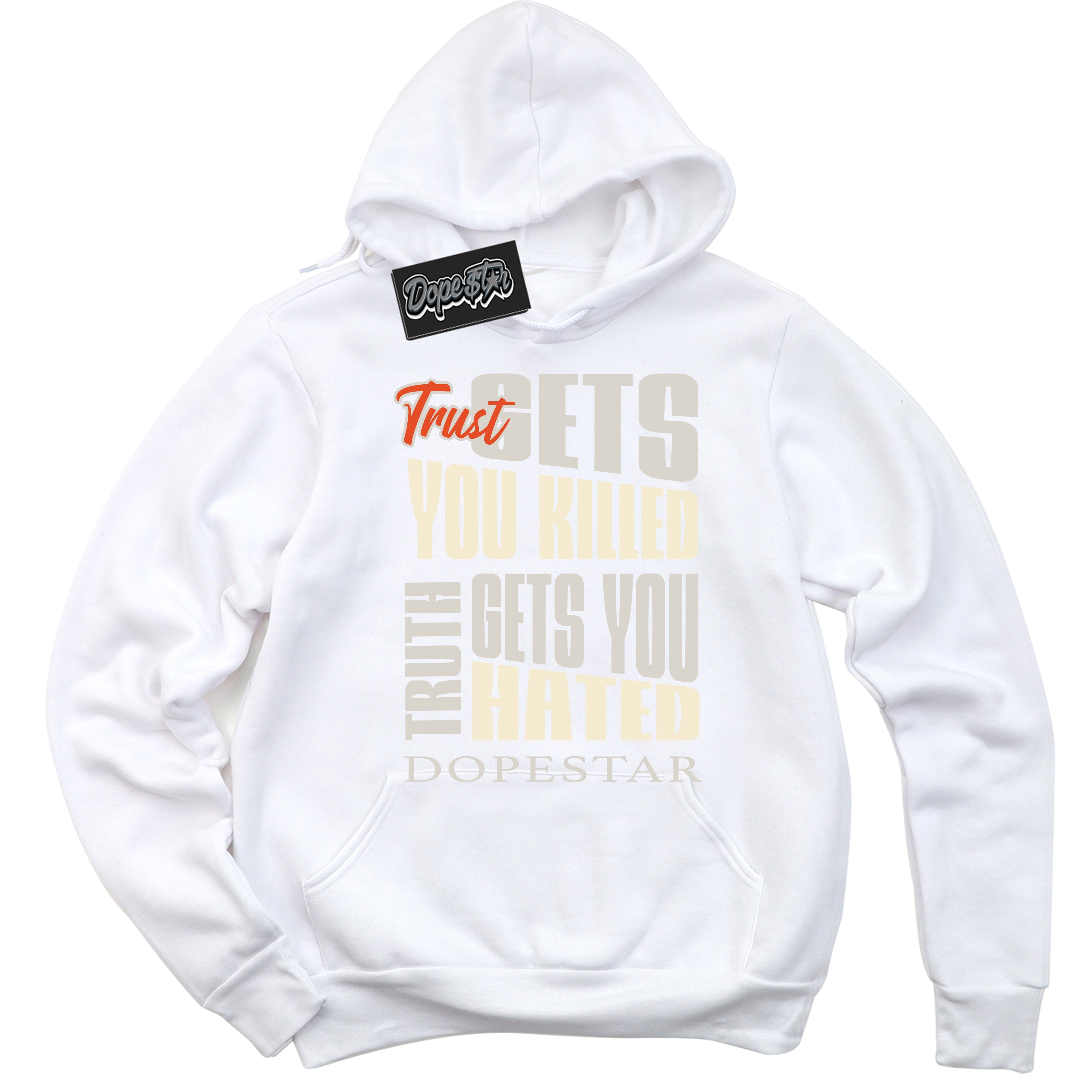 White “Trust Truth” Hoodie by Dope Star Brand®, styled to match Cinnabar 1s sneakers