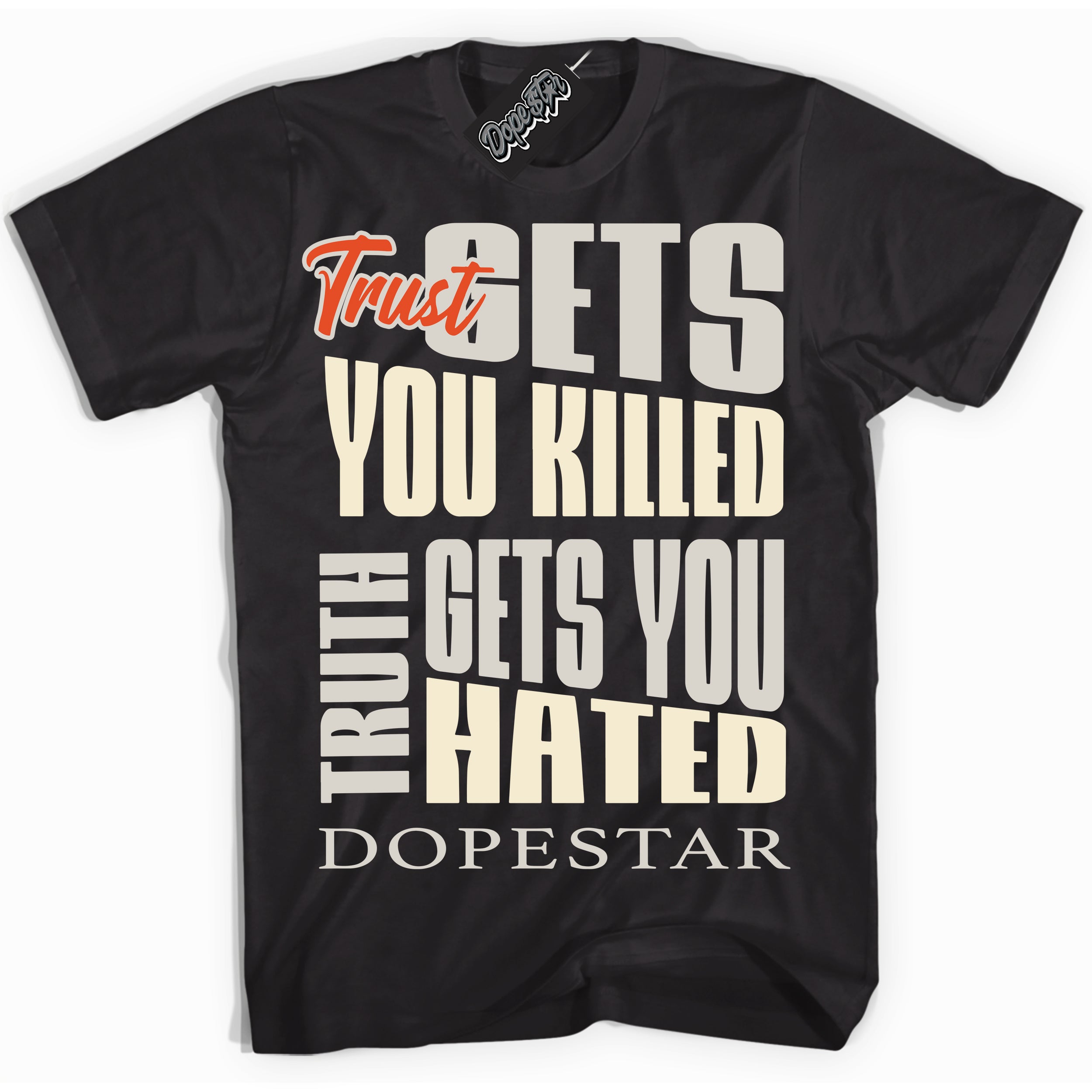 Black “Trust Truth” T-shirt by Dope Star Brand®, styled to match Cinnabar 1s sneakers