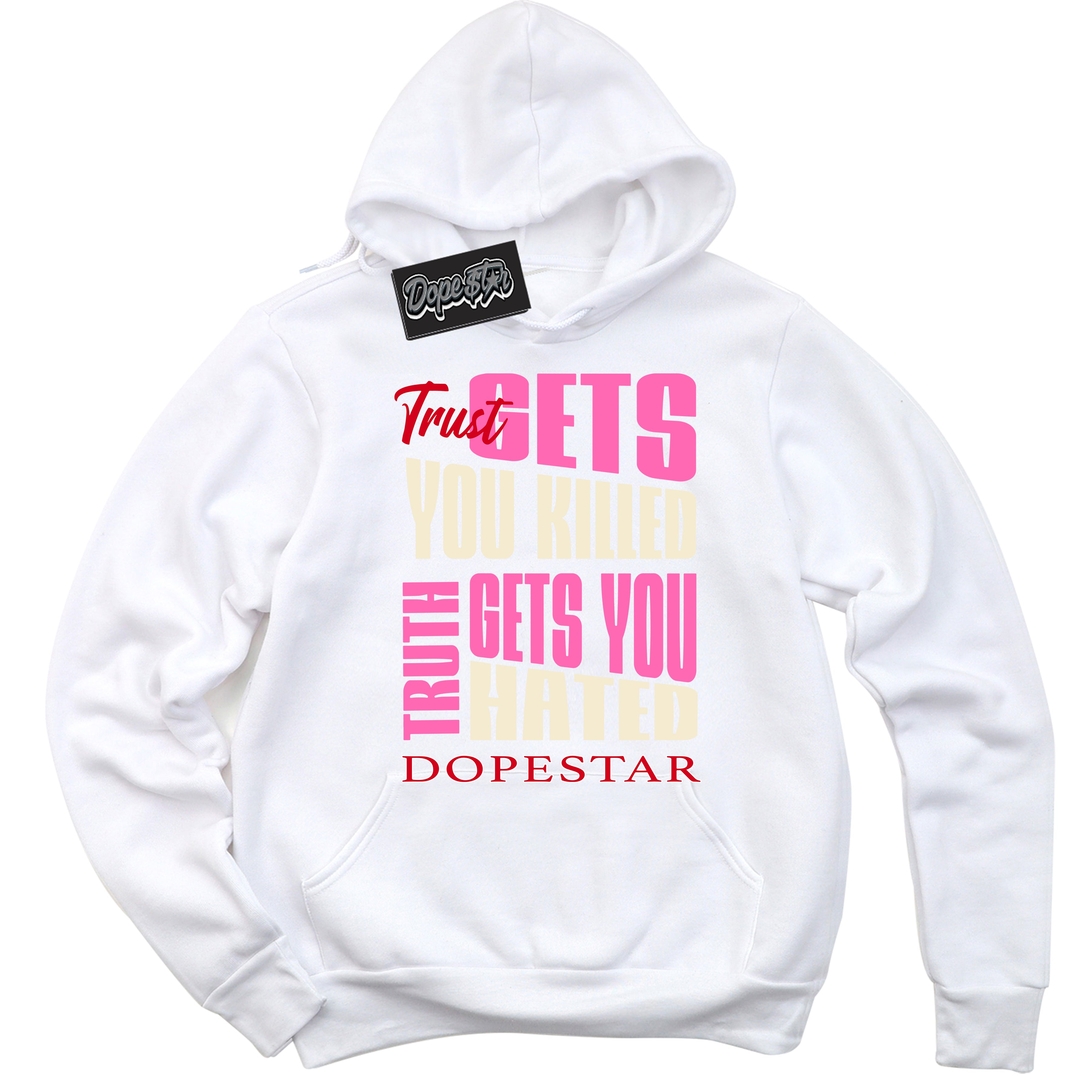 White “Trust Truth” Hoodie by Dope Star Brand®, styled to match Pink Satin 1s sneakers
