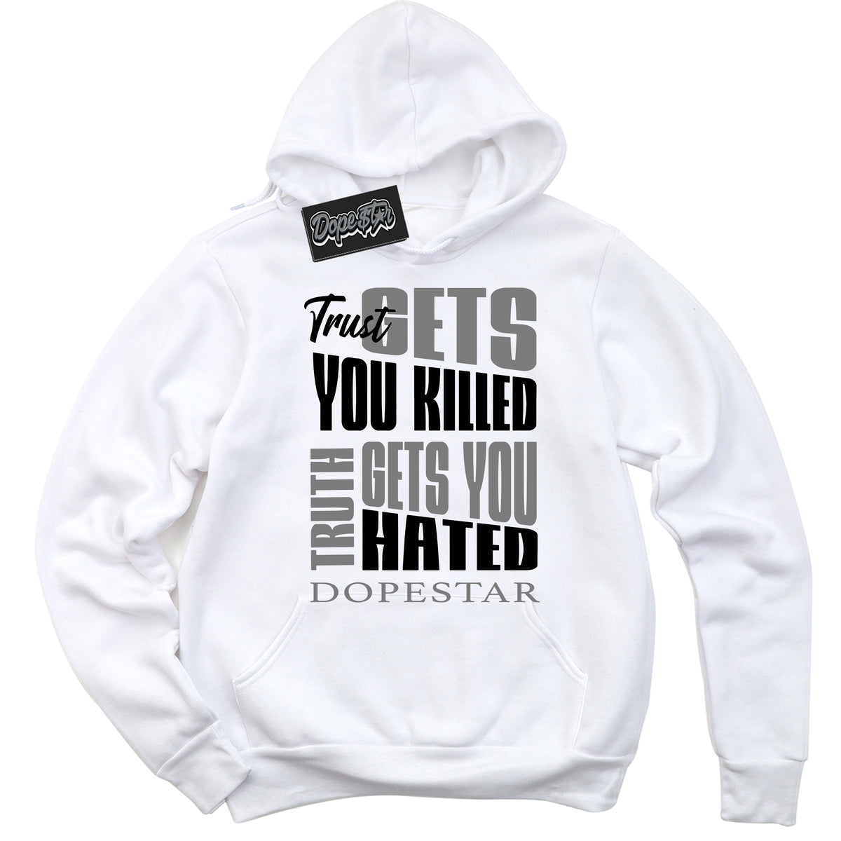 White “Trust Truth” Hoodie by Dope Star Brand®, styled to match Shadow 1s sneakers