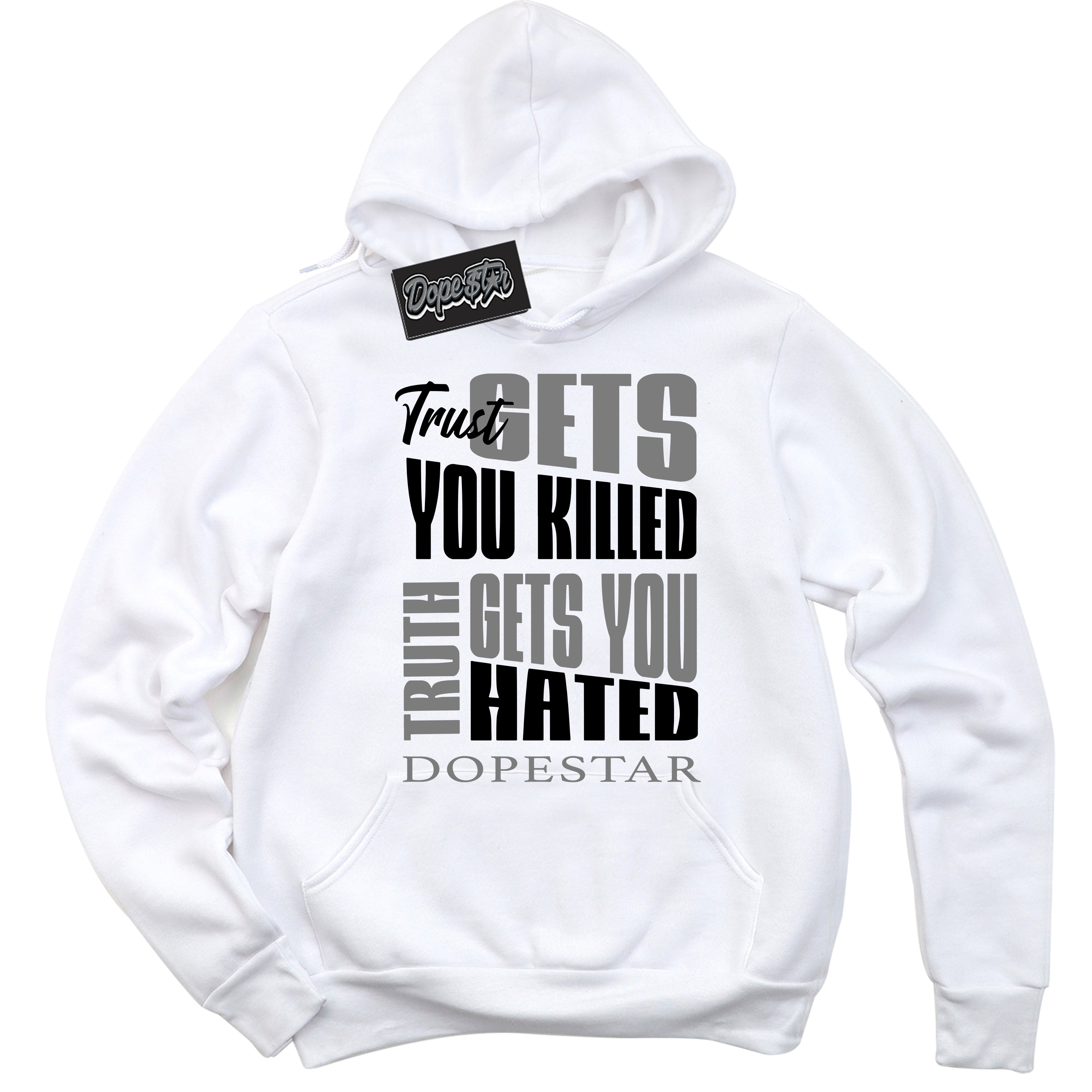 White “Trust Truth” Hoodie by Dope Star Brand®, styled to match Shadow 1s sneakers