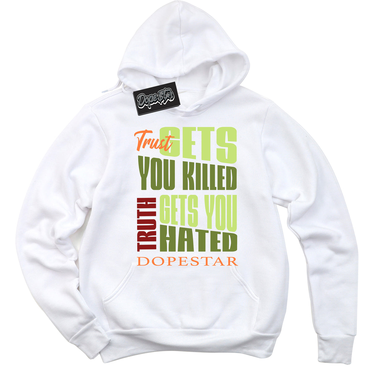 White “Trust Truth” Hoodie by Dope Star Brand®, styled to match Green Curry Dunk sneakers

