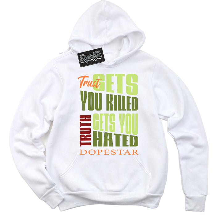 White “Trust Truth” Hoodie by Dope Star Brand®, styled to match Green Curry Dunk sneakers
