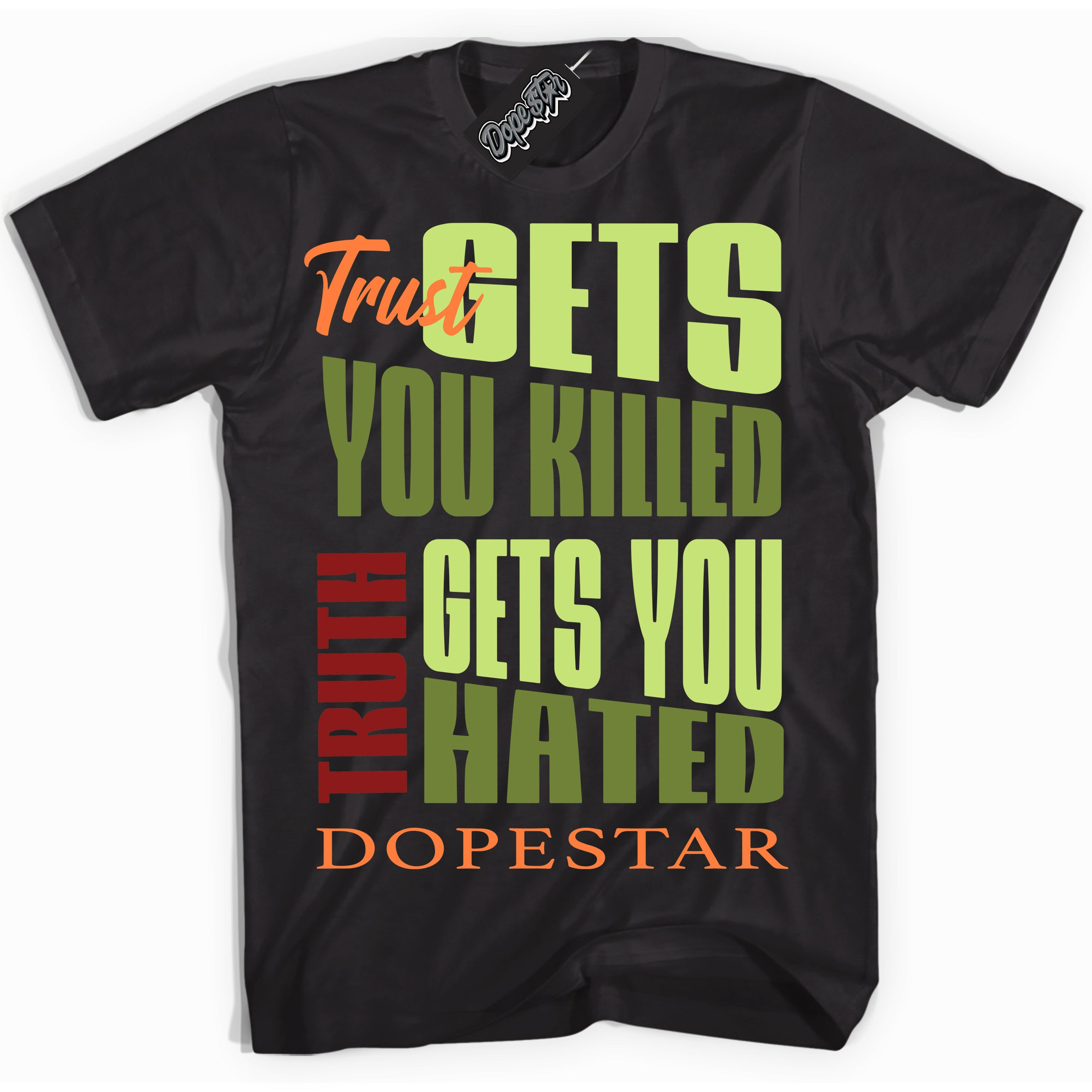 Black “Trust Truth” T-shirt by Dope Star Brand®, styled to match Green Curry Dunk sneakers
