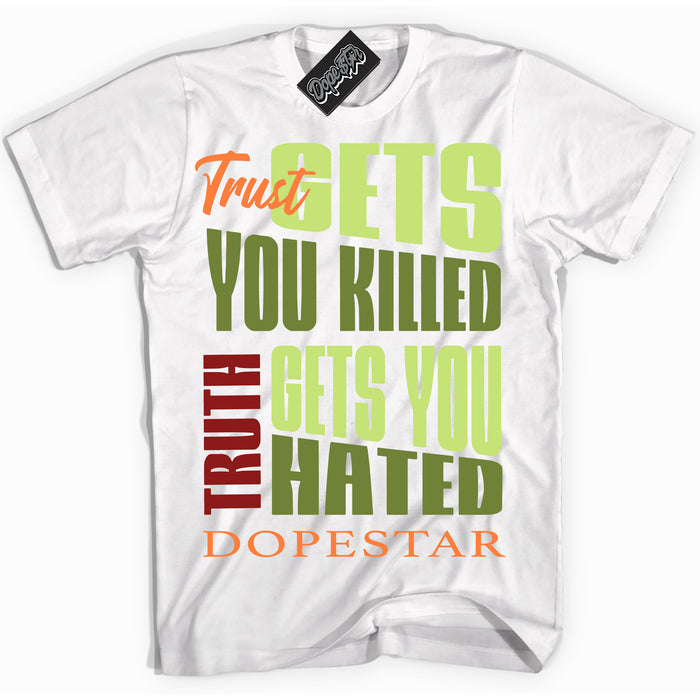 White “Trust Truth” T-shirt by Dope Star Brand®, styled to match Green Curry Dunk sneakers
