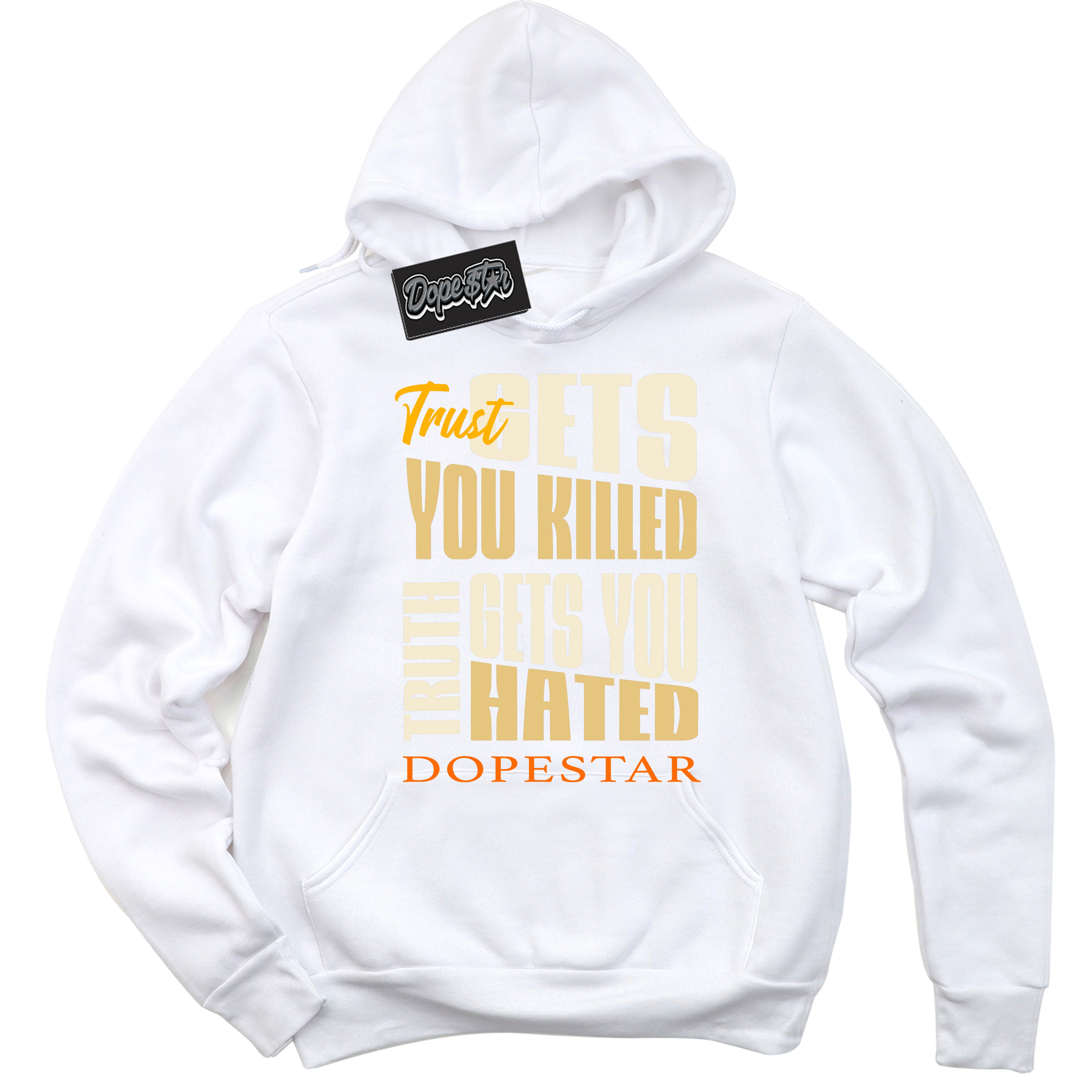 White “Trust Truth” Hoodie by Dope Star Brand®, styled to match Saturn Gold Dunk sneakers
