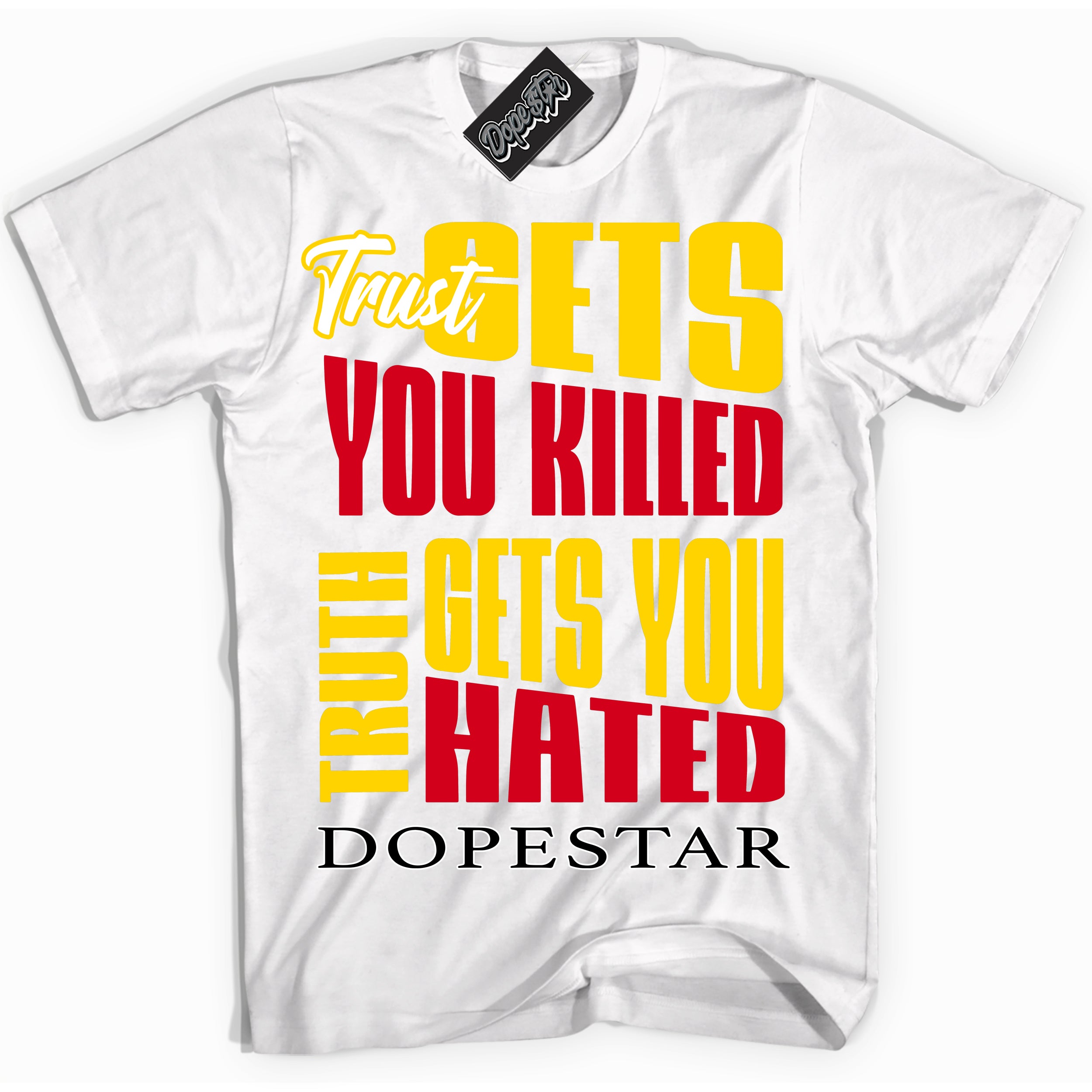 White “Trust Truth” T-shirt by Dope Star Brand®, styled to match Quai 54 sneakers