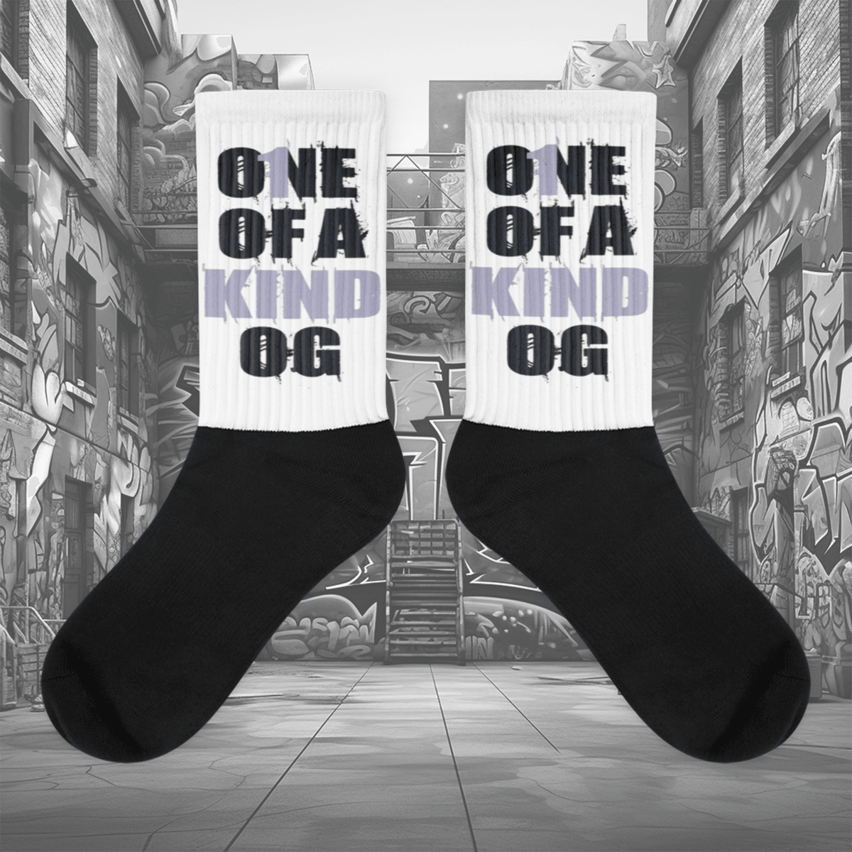 Showcases the view of the socks, highlighting the vibrant 'One Of A Kind OG' design, which perfectly complements the Air Jordan 8 Winterized  sneakers. The intricate pattern and color scheme inspired by the  theme are prominently displayed.  Focusing on the ribbed leg , cusioned bottoms and the snug fit of the socks. This angle provides a clear view of the texture and quality of the material blend.