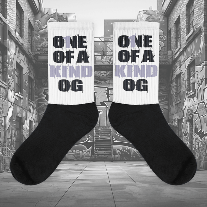 Showcases the view of the socks, highlighting the vibrant 'One Of A Kind OG' design, which perfectly complements the Air Jordan 8 Winterized  sneakers. The intricate pattern and color scheme inspired by the  theme are prominently displayed.  Focusing on the ribbed leg , cusioned bottoms and the snug fit of the socks. This angle provides a clear view of the texture and quality of the material blend.