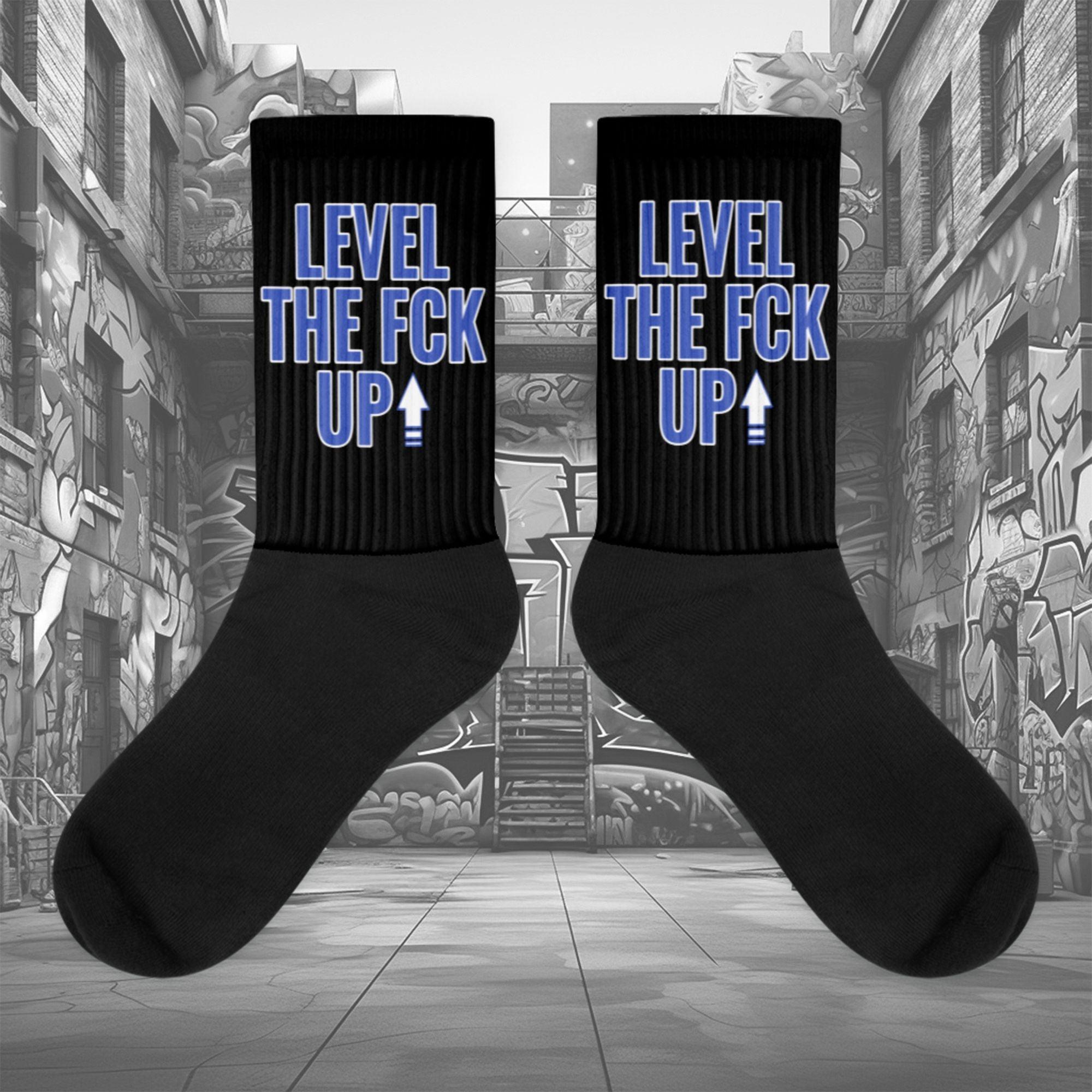  Showcases the view of the socks, highlighting the vibrant ' MEDUSA ' design, which perfectly complements the Nike Dunk Disrupt 2 Hyper Royal sneakers. The intricate pattern and color scheme inspired by the  theme are prominently displayed.  Focusing on the ribbed leg , cusioned bottoms and the snug fit of the socks. This angle provides a clear view of the texture and quality of the material blend.