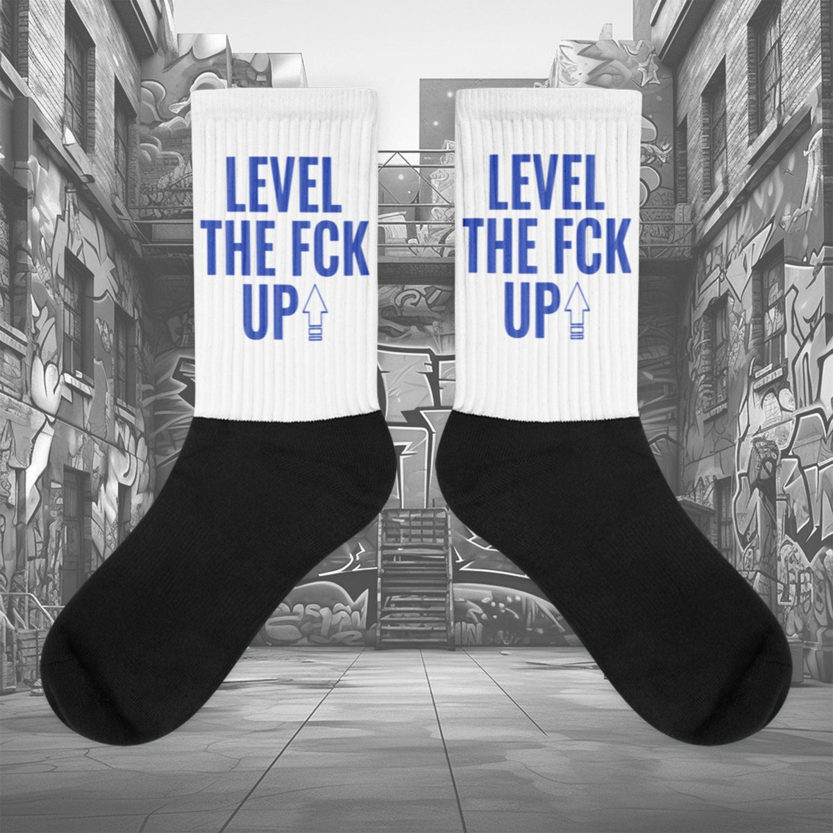  Showcases the view of the socks, highlighting the vibrant ' MEDUSA ' design, which perfectly complements the Nike Dunk Disrupt 2 Hyper Royal sneakers. The intricate pattern and color scheme inspired by the  theme are prominently displayed.  Focusing on the ribbed leg , cusioned bottoms and the snug fit of the socks. This angle provides a clear view of the texture and quality of the material blend.