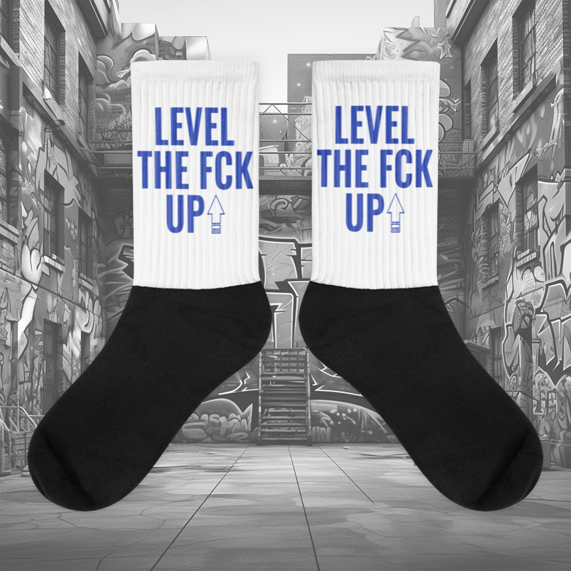  Showcases the view of the socks, highlighting the vibrant ' MEDUSA ' design, which perfectly complements the Nike Dunk Disrupt 2 Hyper Royal sneakers. The intricate pattern and color scheme inspired by the  theme are prominently displayed.  Focusing on the ribbed leg , cusioned bottoms and the snug fit of the socks. This angle provides a clear view of the texture and quality of the material blend.