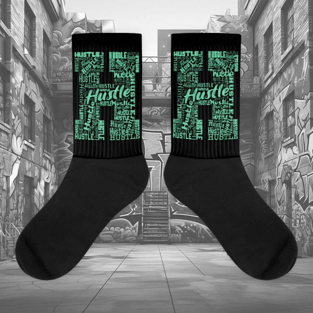  Showcases the view of the socks, highlighting the vibrant ' Hustle ' design, which perfectly complements the Nike Dunk Green Glow sneakers. The intricate pattern and color scheme inspired by the  theme are prominently displayed.  Focusing on the ribbed leg , cusioned bottoms and the snug fit of the socks. This angle provides a clear view of the texture and quality of the material blend.