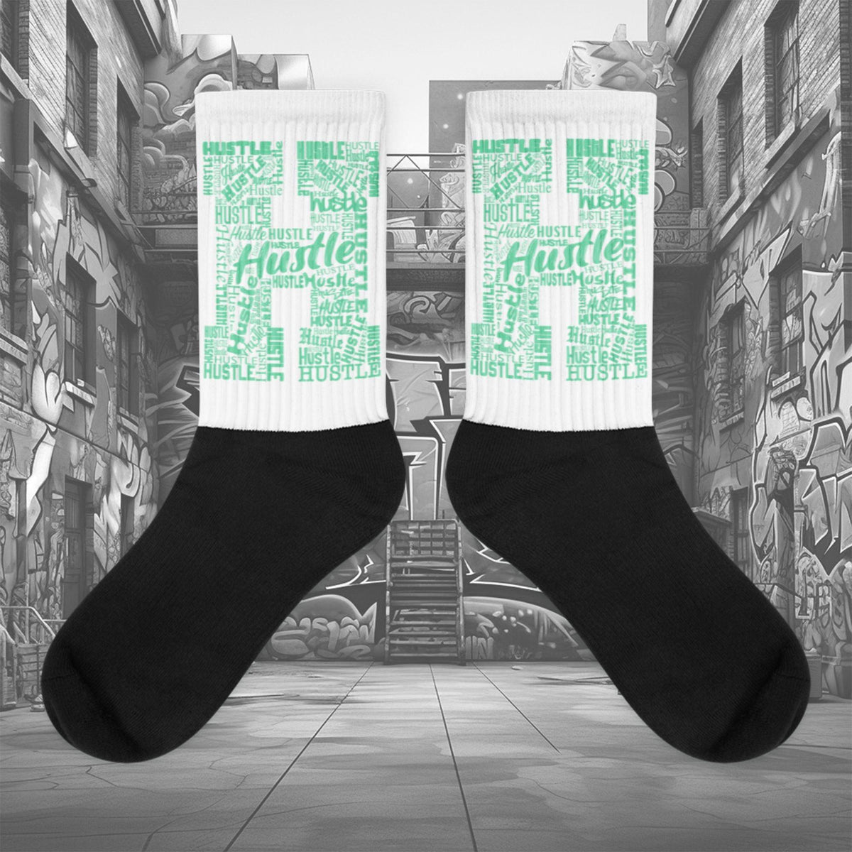  Showcases the view of the socks, highlighting the vibrant ' Hustle ' design, which perfectly complements the Nike Dunk Green Glow sneakers. The intricate pattern and color scheme inspired by the  theme are prominently displayed.  Focusing on the ribbed leg , cusioned bottoms and the snug fit of the socks. This angle provides a clear view of the texture and quality of the material blend.