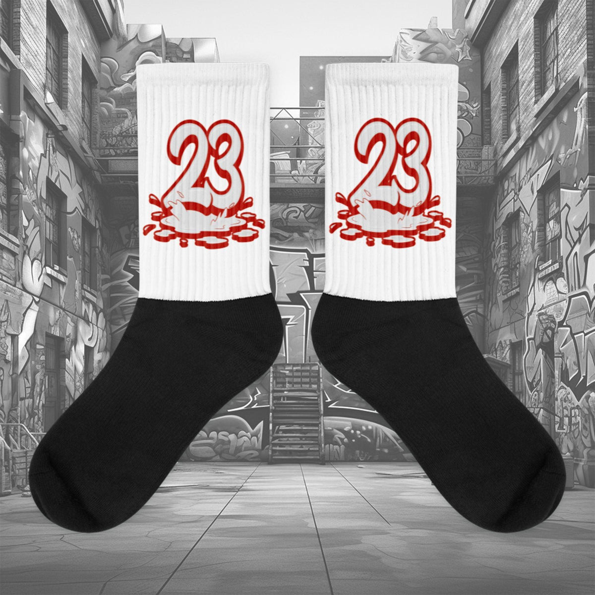 Showcases the view of the socks, highlighting the vibrant ' 23 Melting ' design, which perfectly complements the Air Jordan 11 Cherry sneakers. The intricate pattern and color scheme inspired by the  theme are prominently displayed.  Focusing on the ribbed leg , cusioned bottoms and the snug fit of the socks. This angle provides a clear view of the texture and quality of the material blend.