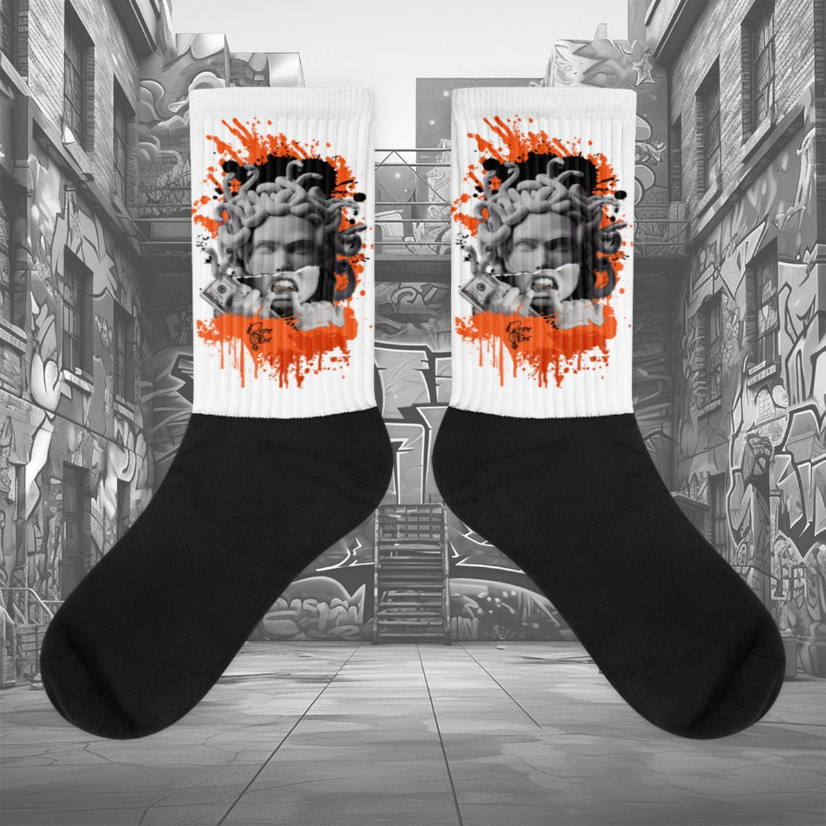  Showcases the view of the socks, highlighting the vibrant ' MEDUSA' design, which perfectly complements the Air Jordan 12 Retro WNBA All-Star Brilliant Orange sneakers. The intricate pattern and color scheme inspired by the  theme are prominently displayed.  Focusing on the ribbed leg , cusioned bottoms and the snug fit of the socks. This angle provides a clear view of the texture and quality of the material blend.