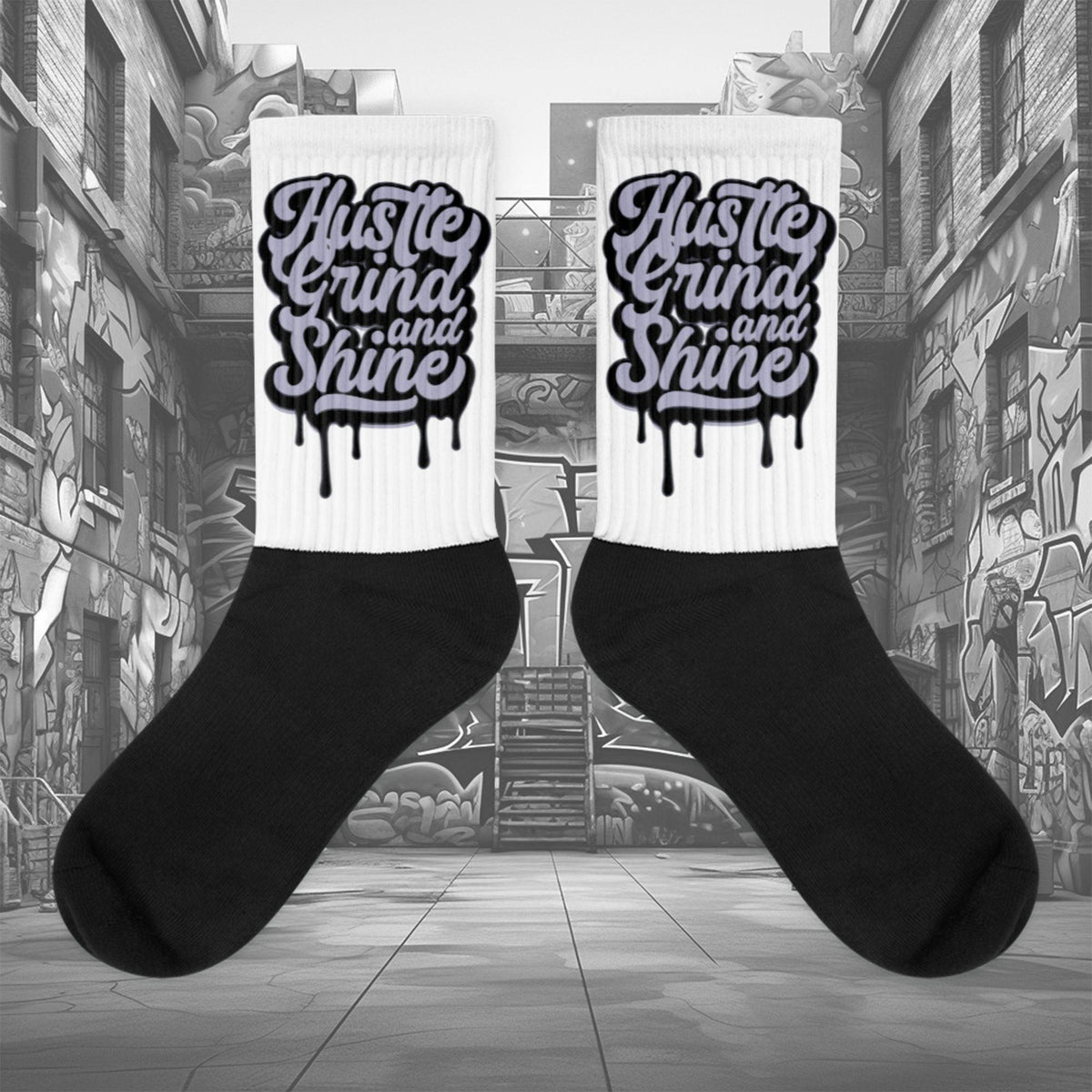  Showcases the view of the socks, highlighting the vibrant ‘Hustle Grind And Shine’ design, which perfectly complements the Air Jordan 8 Winterized  sneakers. The intricate pattern and color scheme inspired by the  theme are prominently displayed.  Focusing on the ribbed leg , cusioned bottoms and the snug fit of the socks. This angle provides a clear view of the texture and quality of the material blend.