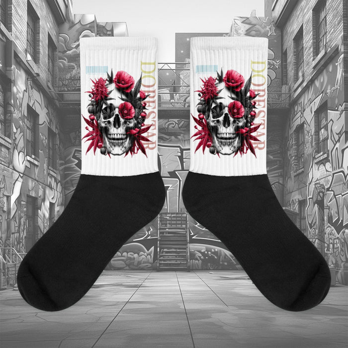  Showcases the view of the socks, highlighting the vibrant 'Skull Cannabis Poppies' design, which perfectly complements the Air Jordan 1 Retro High OG Next Chapter Spider-Verse sneakers. The intricate pattern and color scheme inspired by the Spider-Verse theme are prominently displayed.  Focusing on the ribbed leg , cusioned bottoms and the snug fit of the socks. This angle provides a clear view of the texture and quality of the material blend.