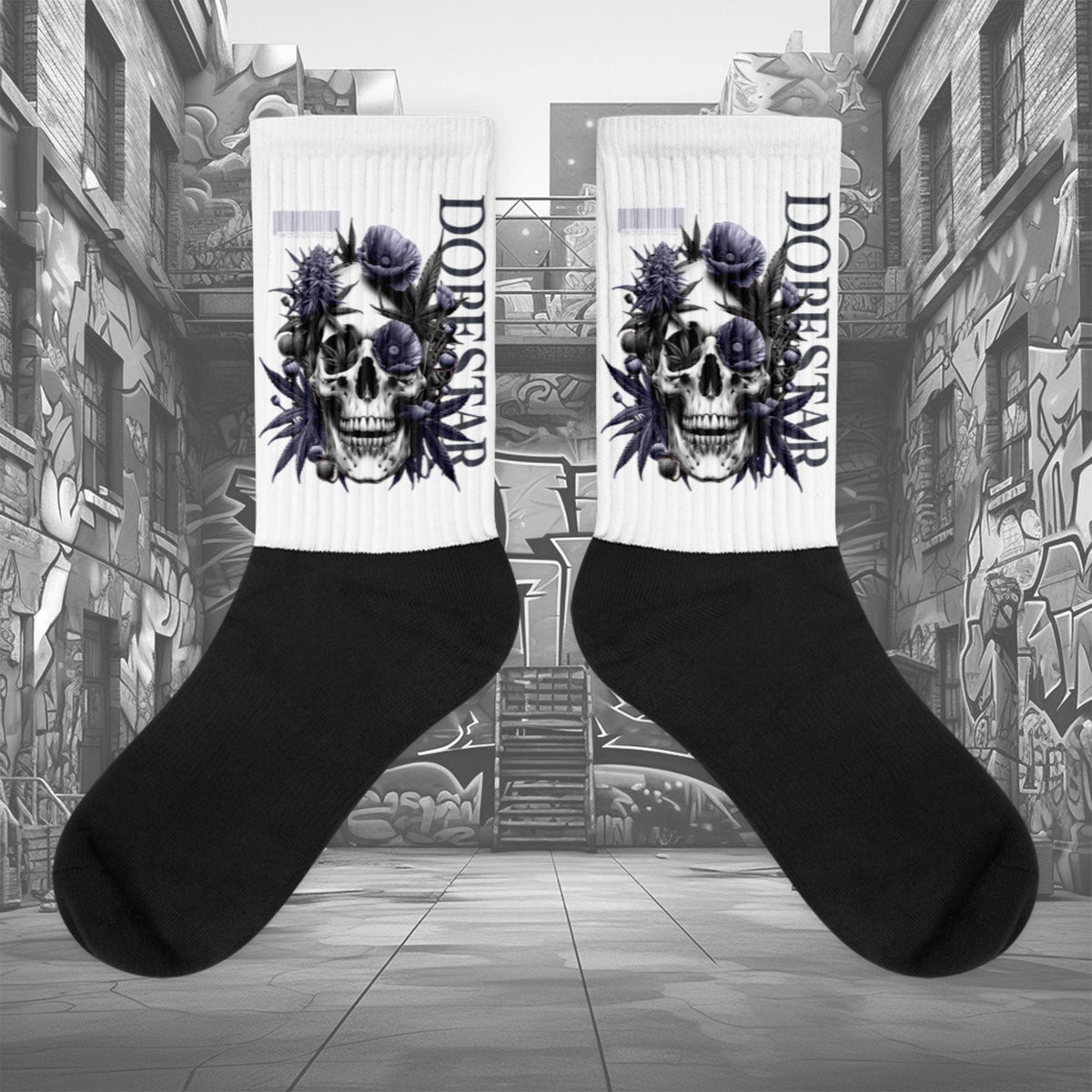  Showcases the view of the socks, highlighting the vibrant 'Skull Cannabis Poppies' design, which perfectly complements the Air Jordan 8 Winterized  sneakers. The intricate pattern and color scheme inspired by the  theme are prominently displayed.  Focusing on the ribbed leg , cusioned bottoms and the snug fit of the socks. This angle provides a clear view of the texture and quality of the material blend.