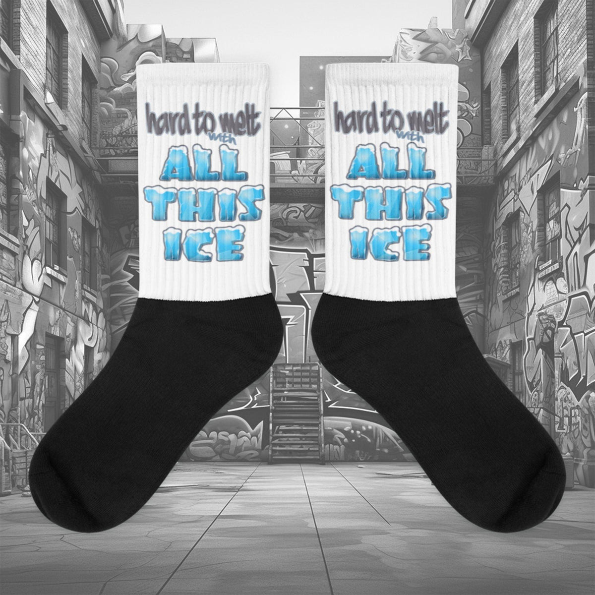 Showcases the view of the socks, highlighting the vibrant ‘All This Ice ‘ design, which perfectly complements the sneakers. The intricate pattern and color scheme inspired Air Jordan 11 Retro Low Cement Grey.  Focusing on the ribbed leg , cusioned bottoms and the snug fit of the socks. This angle provides a clear view of the texture and quality of the material blend.