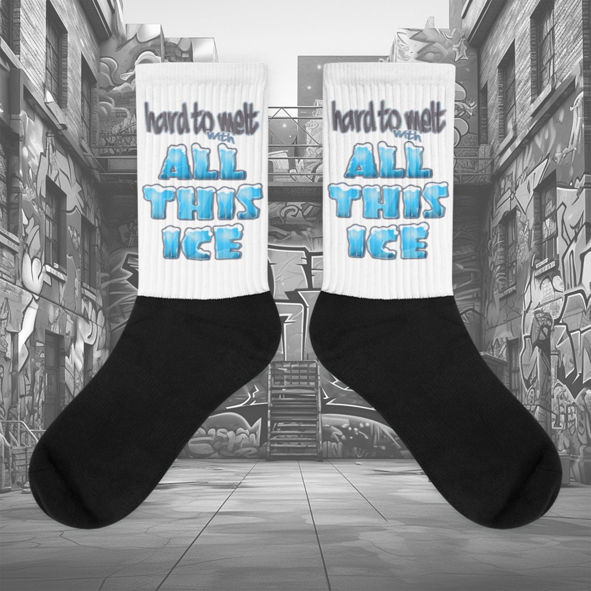 Showcases the view of the socks, highlighting the vibrant ‘All This Ice ‘ design, which perfectly complements the sneakers. The intricate pattern and color scheme inspired Air Jordan 11 Retro Low Cement Grey.  Focusing on the ribbed leg , cusioned bottoms and the snug fit of the socks. This angle provides a clear view of the texture and quality of the material blend.