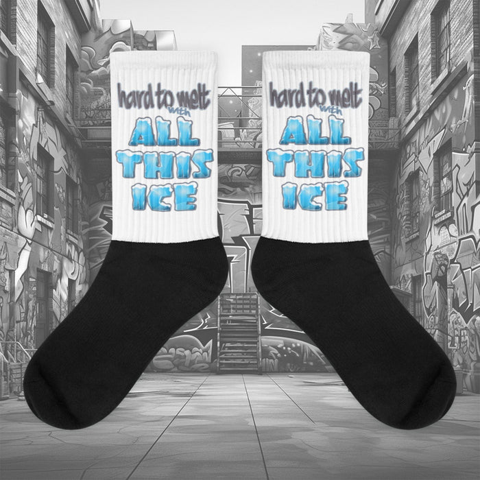 Showcases the view of the socks, highlighting the vibrant ‘All This Ice ‘ design, which perfectly complements the sneakers. The intricate pattern and color scheme inspired Air Jordan 11 Retro Low Cement Grey.  Focusing on the ribbed leg , cusioned bottoms and the snug fit of the socks. This angle provides a clear view of the texture and quality of the material blend.