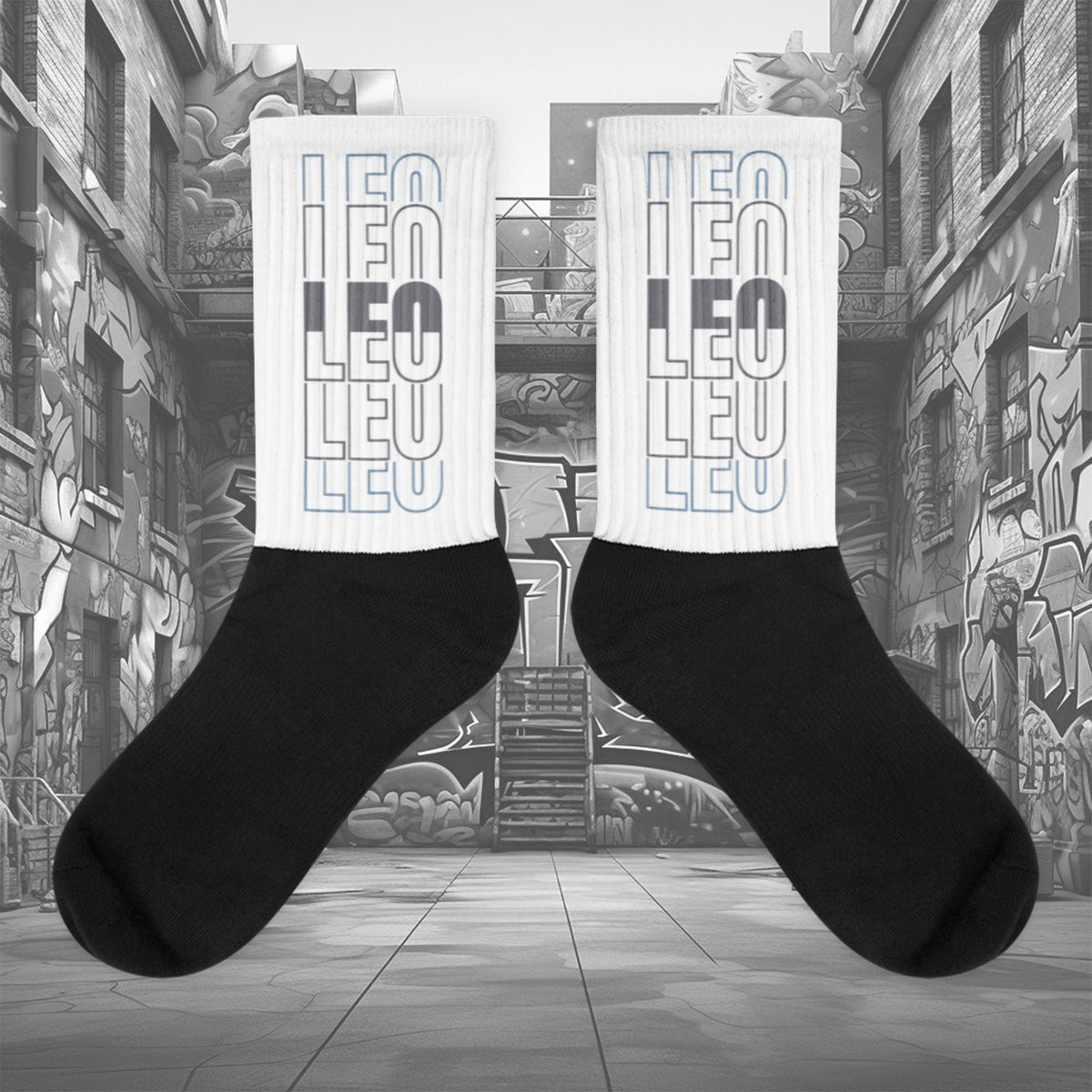 Showcases the view of the socks, highlighting the vibrant ‘LEO ‘ design, which perfectly complements the sneakers. The intricate pattern and color scheme inspired Air Jordan 11 Retro Low Cement Grey.  Focusing on the ribbed leg , cusioned bottoms and the snug fit of the socks. This angle provides a clear view of the texture and quality of the material blend.