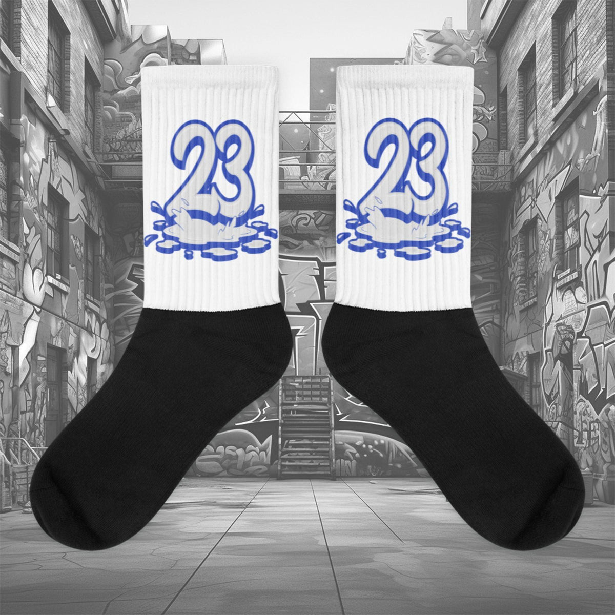 Showcases the view of the socks, highlighting the vibrant ' MEDUSA ' design, which perfectly complements the Nike Dunk Disrupt 2 Hyper Royal sneakers. The intricate pattern and color scheme inspired by the  theme are prominently displayed.  Focusing on the ribbed leg , cusioned bottoms and the snug fit of the socks. This angle provides a clear view of the texture and quality of the material blend.