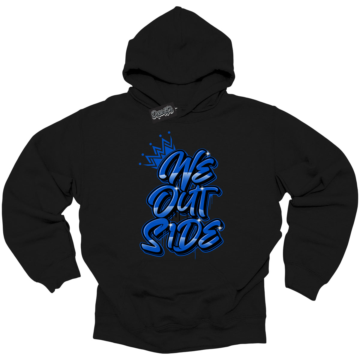 Cool Black Hoodie with “ We Outside ”  design that Perfectly Matches  Royal Reimagined 1s Sneakers.
