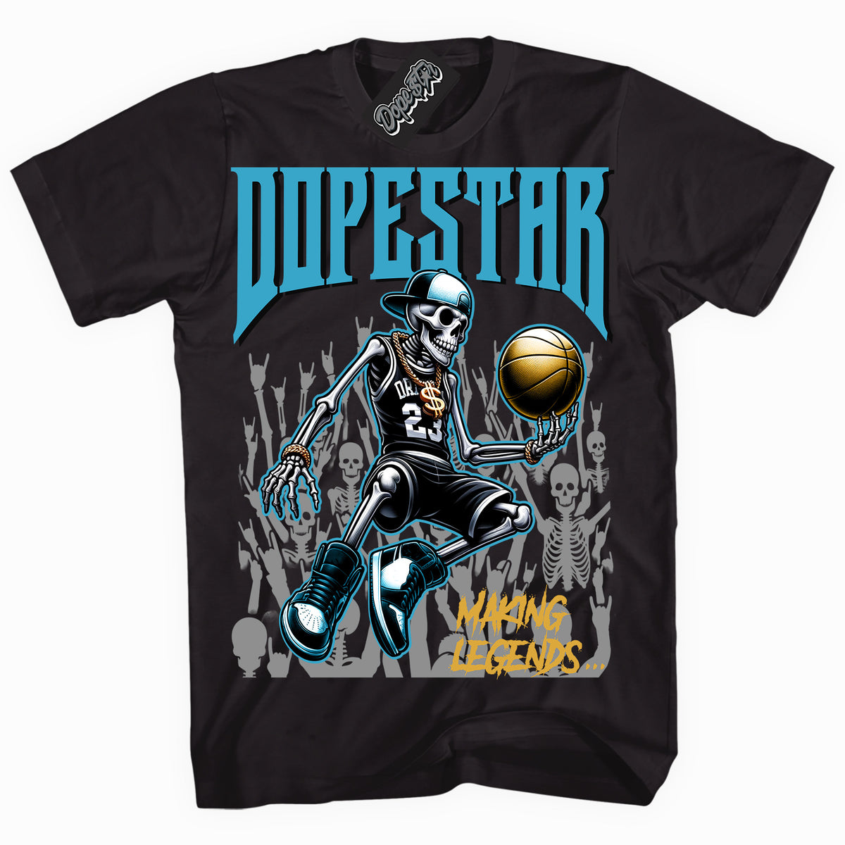 Cool Black graphic tee with “ Makin Legends ” print, that perfectly matches AQUA 5s sneakers 