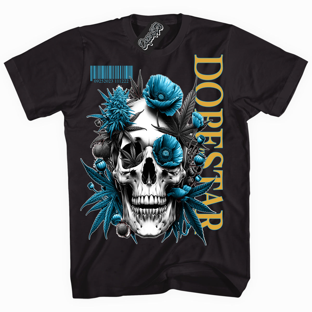 Cool Black graphic tee with “ Skull Poppies ” print, that perfectly matches AQUA 5s sneakers 