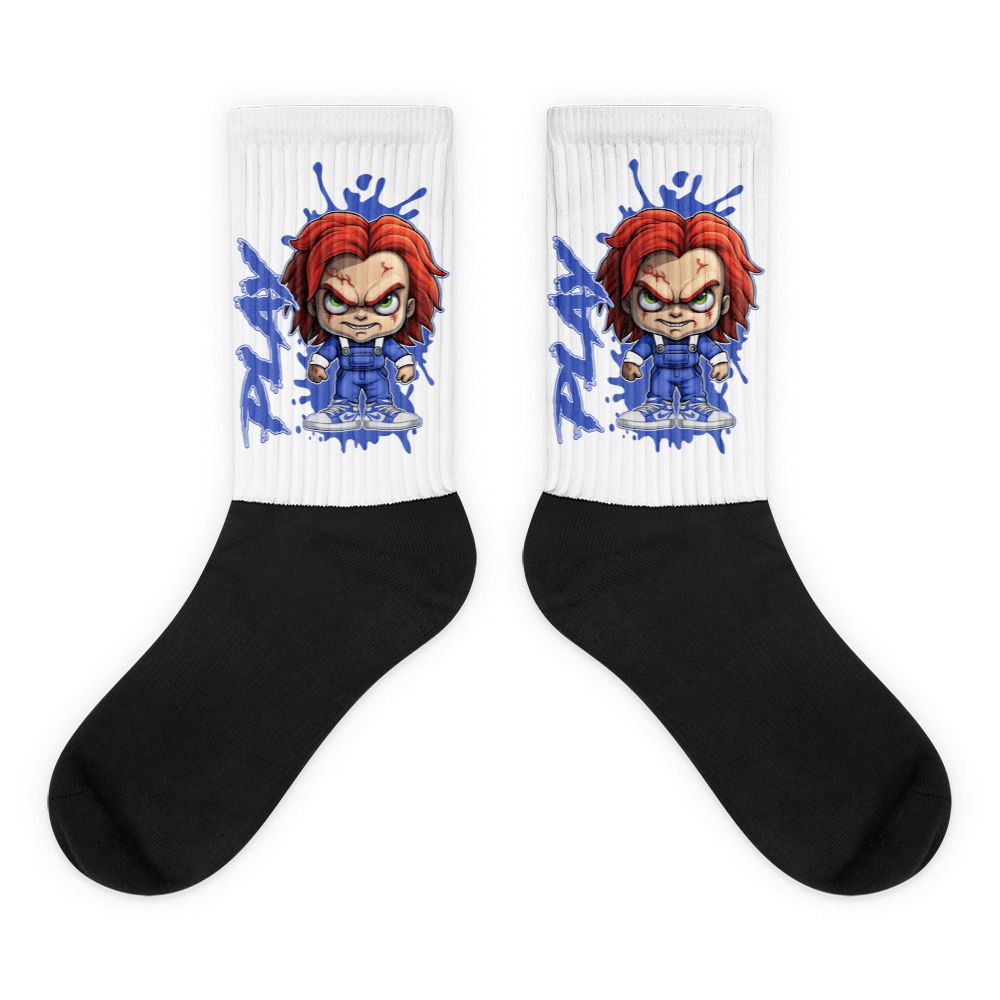  Showcases the view of the socks, highlighting the vibrant ' MEDUSA ' design, which perfectly complements the Nike Dunk Disrupt 2 Hyper Royal sneakers. The intricate pattern and color scheme inspired by the  theme are prominently displayed.  Focusing on the ribbed leg , cusioned bottoms and the snug fit of the socks. This angle provides a clear view of the texture and quality of the material blend.