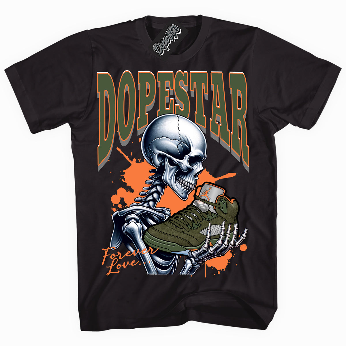 Cool Black graphic tee with “ Forever Love ” print, that perfectly matches Olive 5s sneakers 