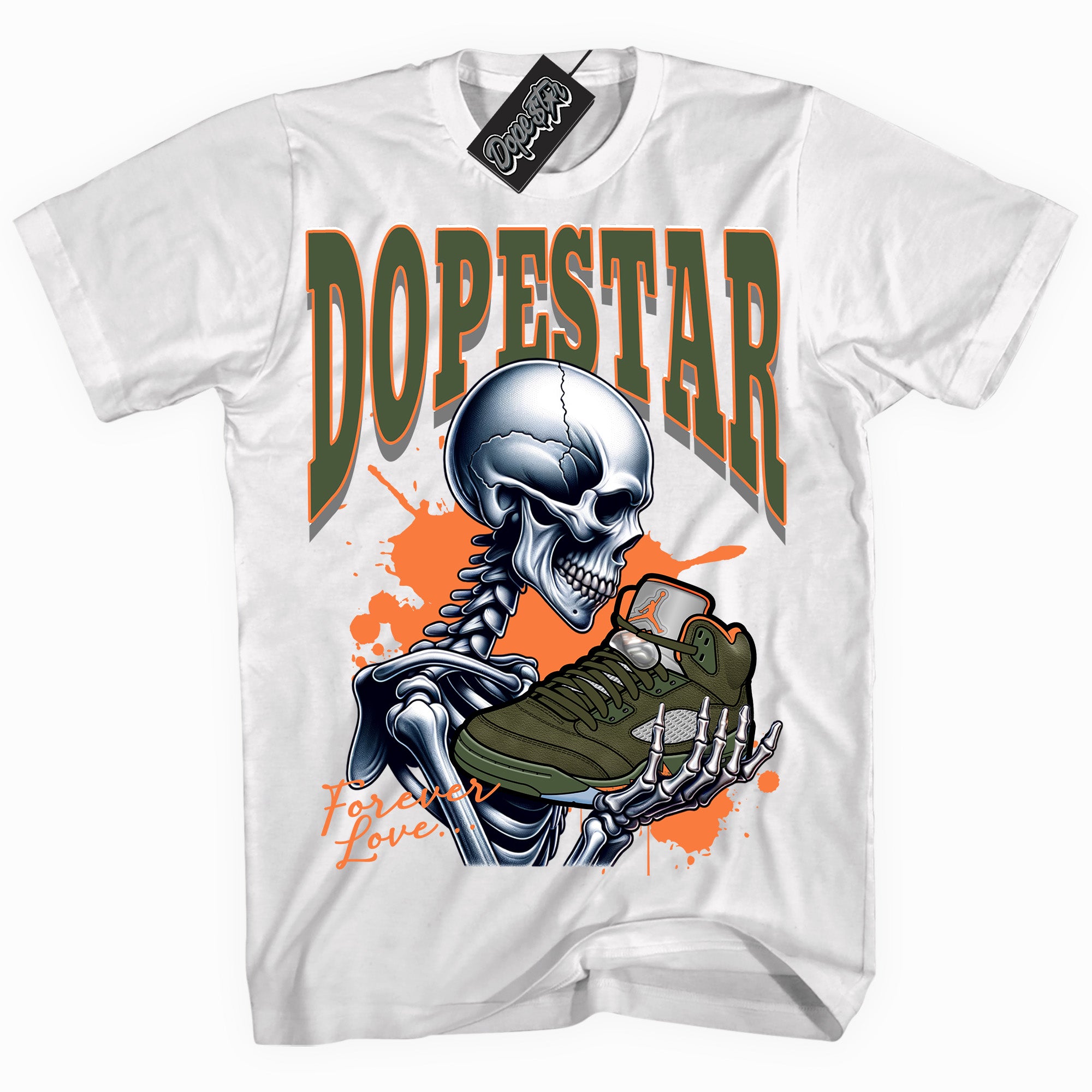 Cool White graphic tee with “ Forever Love ” print, that perfectly matches Olive 5s sneakers 