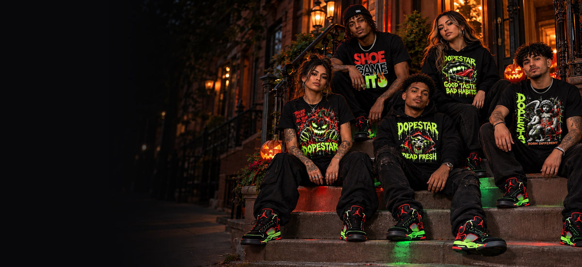 Friends wearing Dope Star Halloween 5s tees and hoodies with Jordan 5 Halloween sneakers