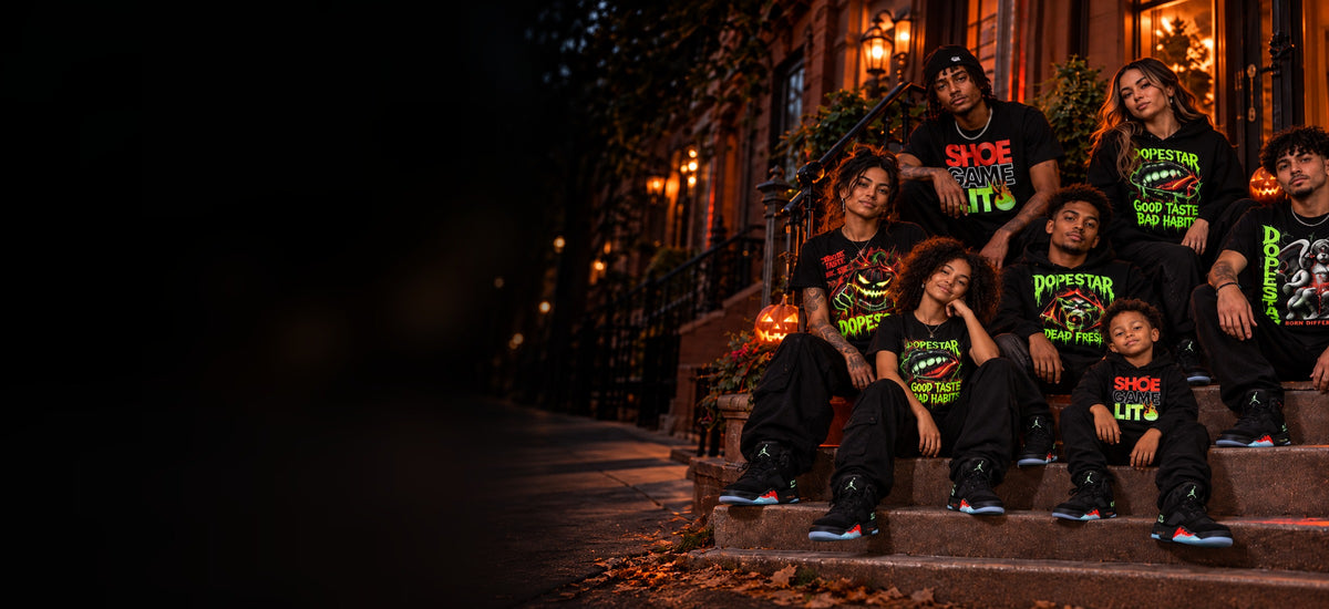 Dope Star crew and kids in matching Halloween 5s tees and hoodies