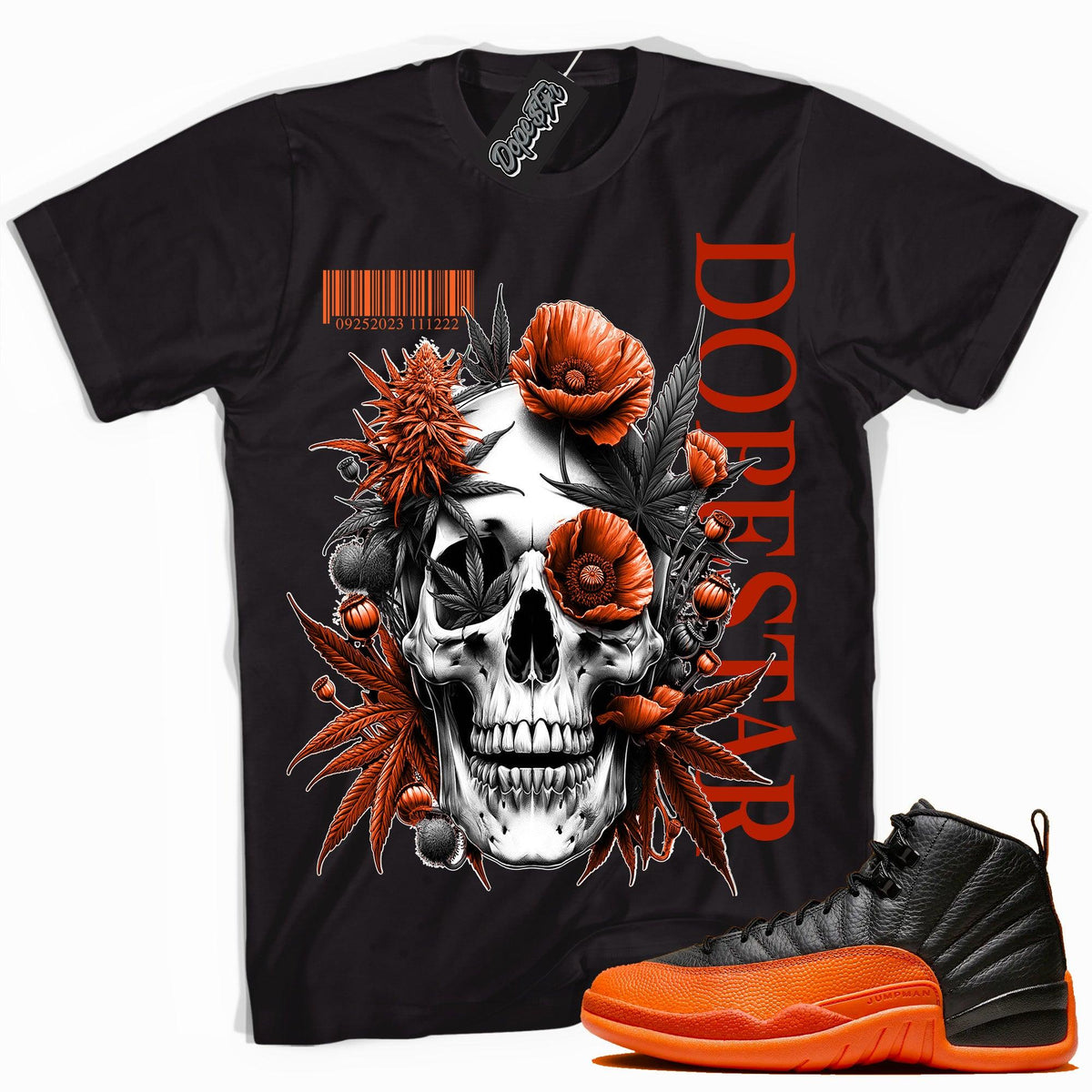 Cool Black graphic tee with “ Skull Cannabis Poppies ” print, that perfectly matches Air Jordan 12 Retro WNBA All-Star Brilliant Orange sneakers 