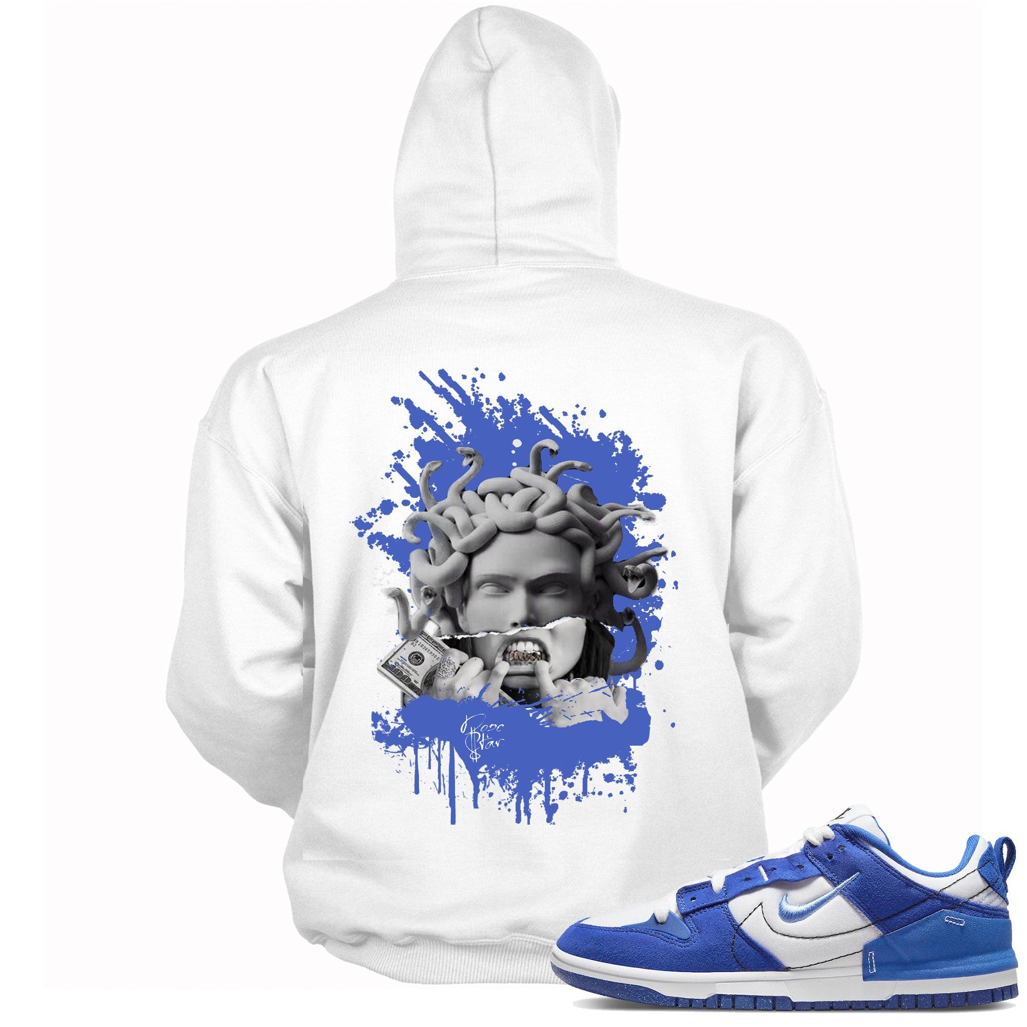 Cool White Graphic Hoodie with “ MEDUSA “ print, that perfectly matches Nike Dunk Disrupt 2 Hyper Royal sneakers