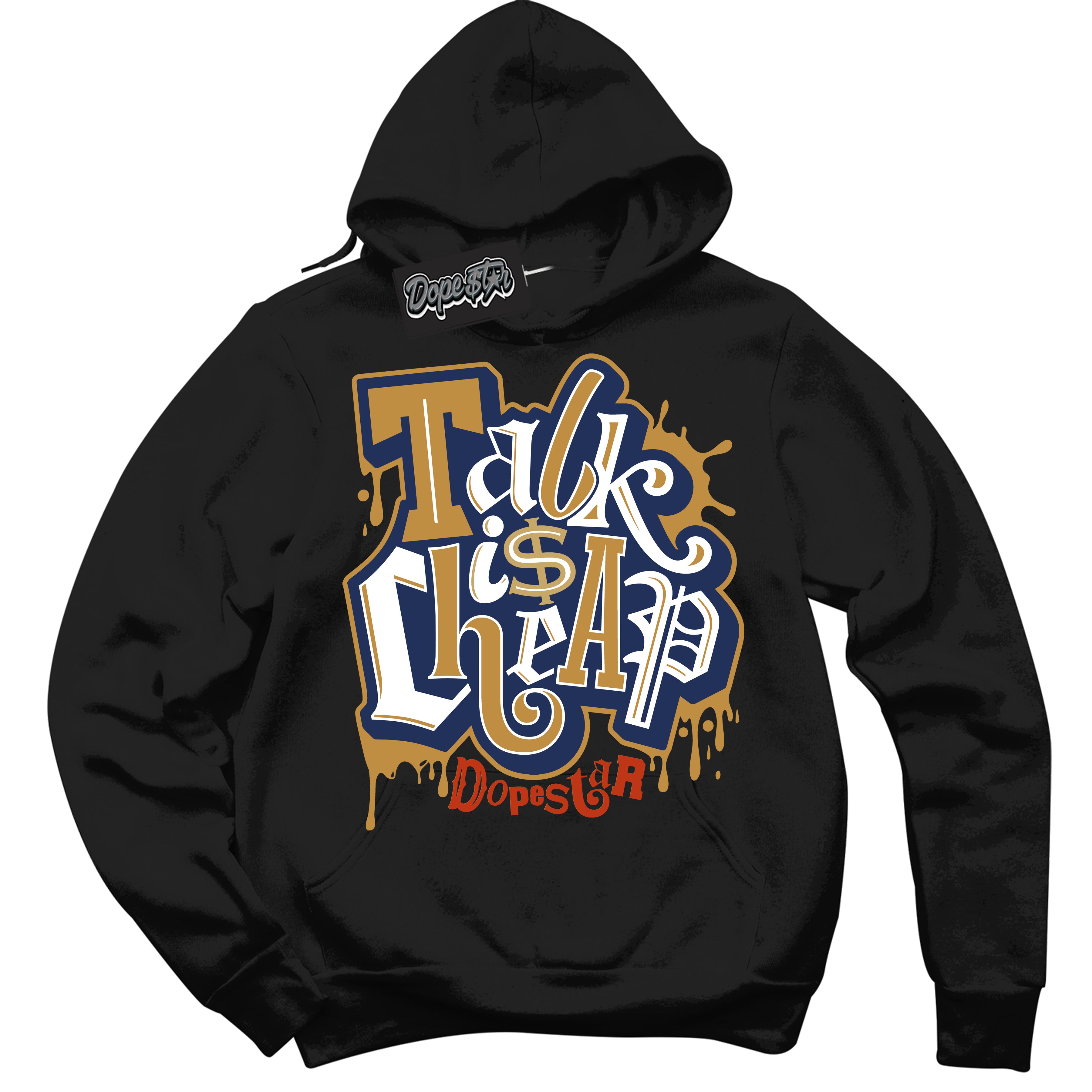 Cool Black Hoodie with “ Talk Is Cheap ”  design that Perfectly Matches Orange Label Navy Gum Sneakers.