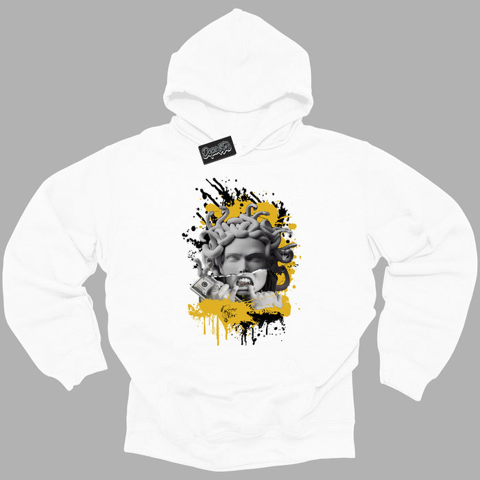 Cool White Hoodie with “ Medusa ”  design that Perfectly Matches Yellow Ochre 6s Sneakers.