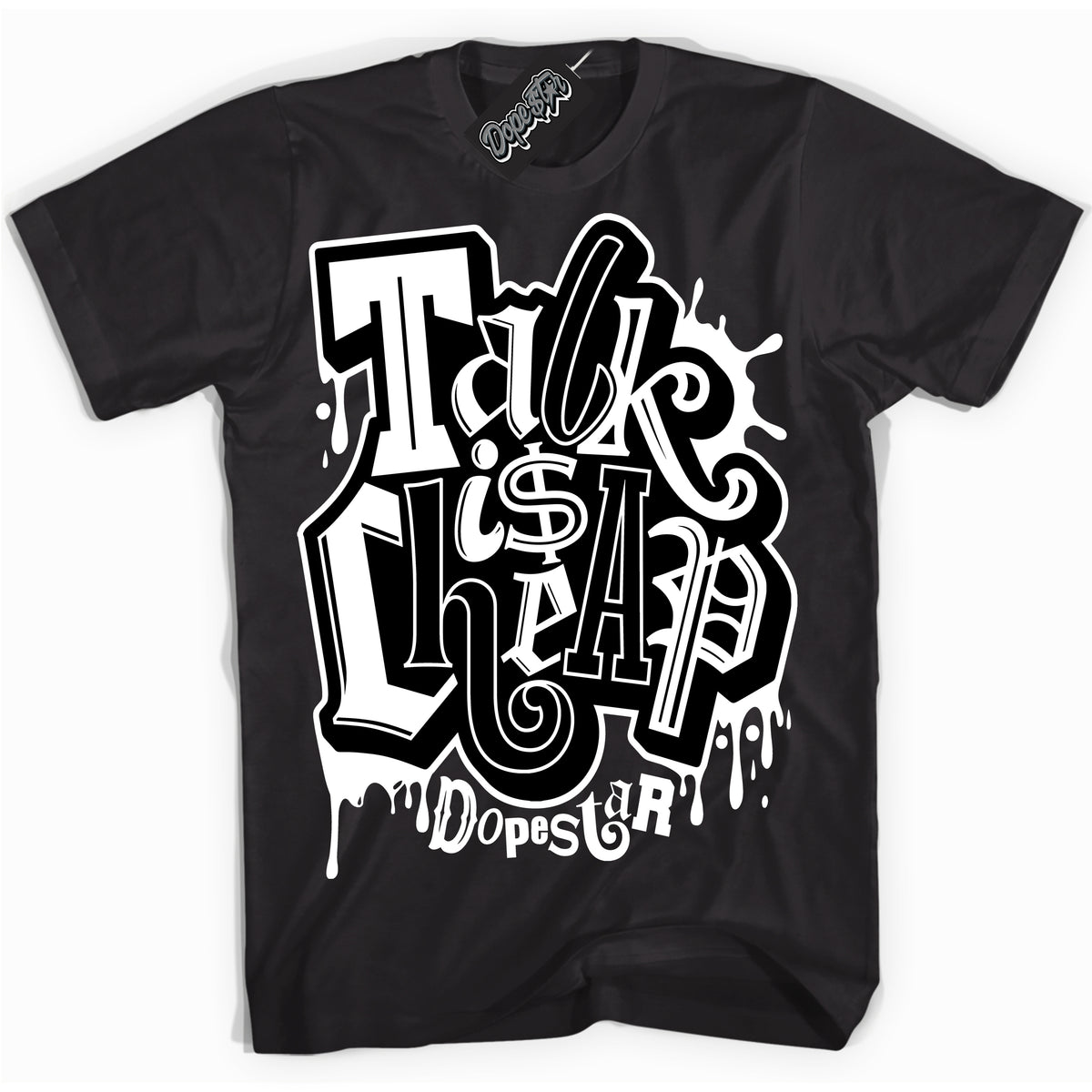 Cool Black Shirt with “ Talk Is Cheap” design that perfectly matches Black White 14s Sneakers.