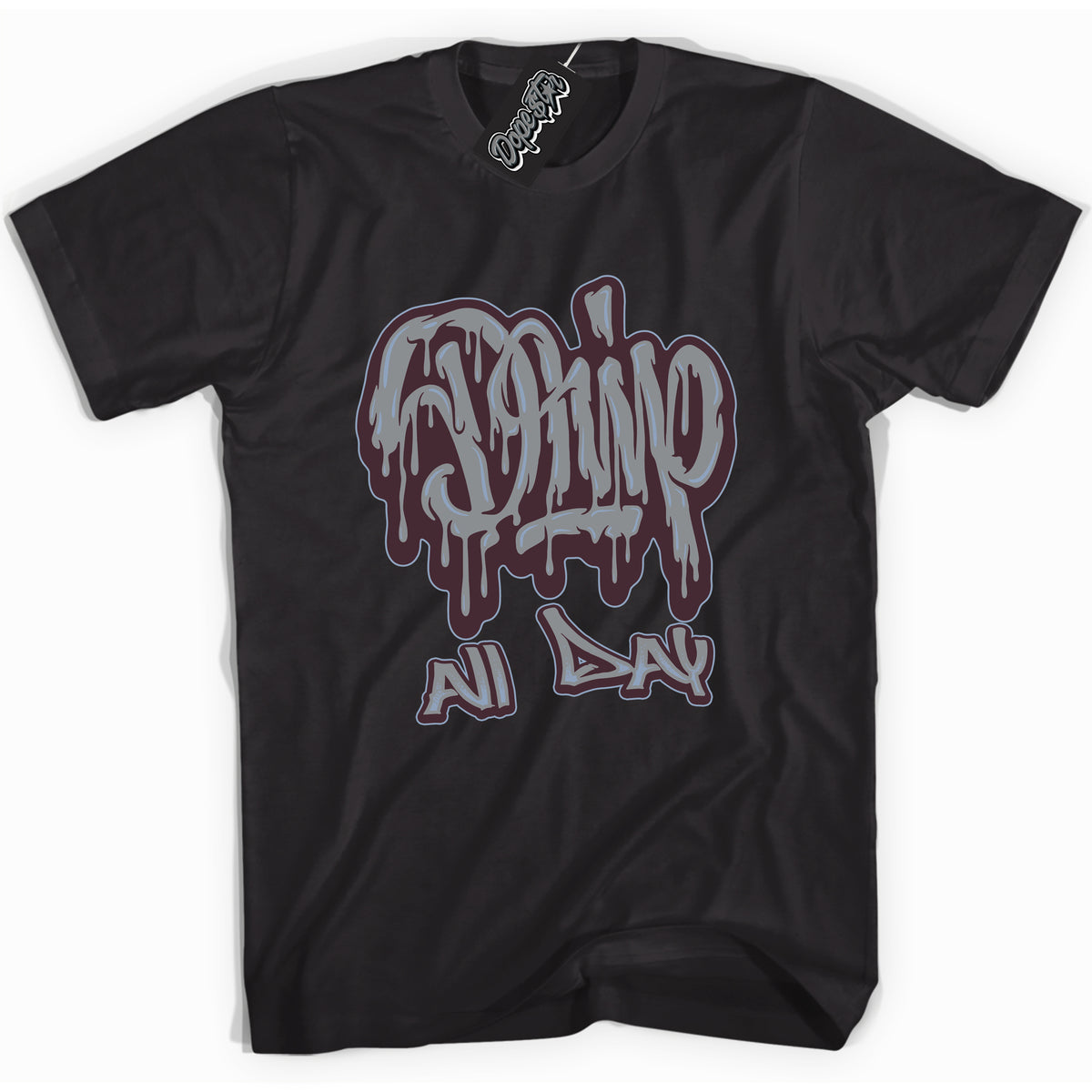 Cool Black Shirt with “ Drip All Day” design that perfectly matches Burgundy 5s Sneakers.