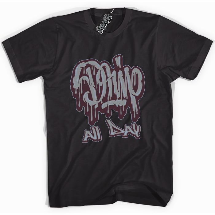 Cool Black Shirt with “ Drip All Day” design that perfectly matches Burgundy 5s Sneakers.