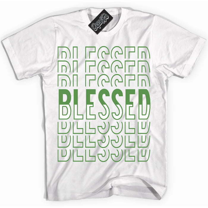 Cool White Shirt with “ Blessed Stacked ” design that perfectly matches Chlorophyll 1s Jordans.
