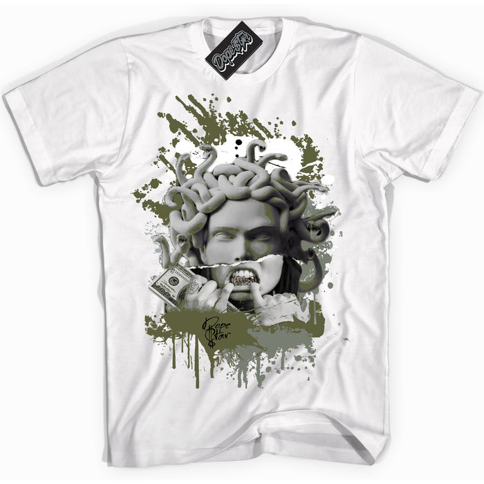 Cool White graphic tee with “ Medusa ” print, that perfectly matches Craft Olive 4s sneakers 